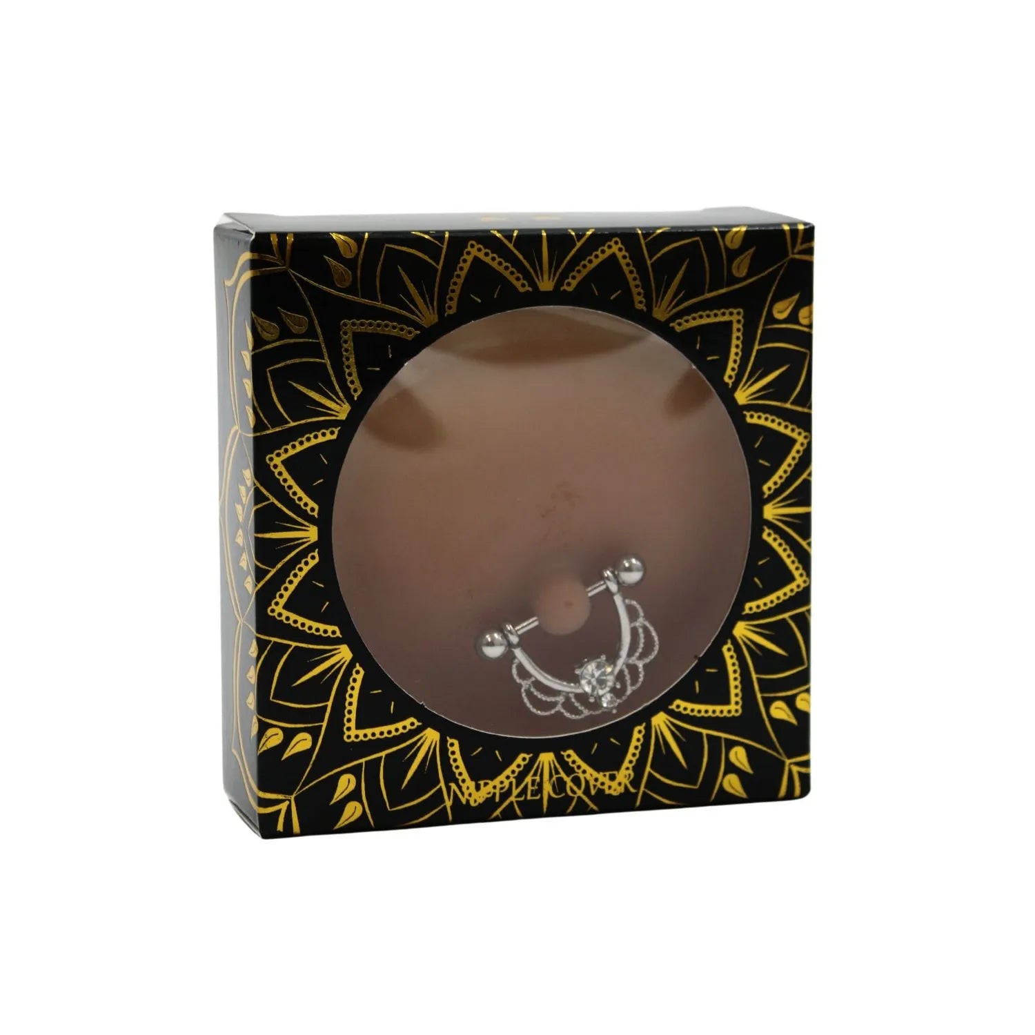 Cache-tétons adhésifs réutilisables demi-anneau faux diamant, peau métissée, élégance et confort, boîte décorative noire.