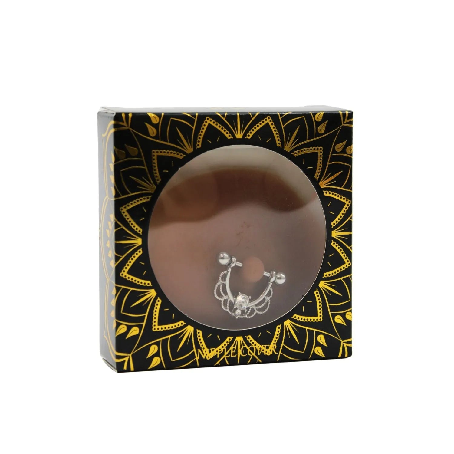 Cache-tétons silicone réutilisables, couleur peau foncée, avec piercing barre faux diamant, dans boîte décorative noire et...