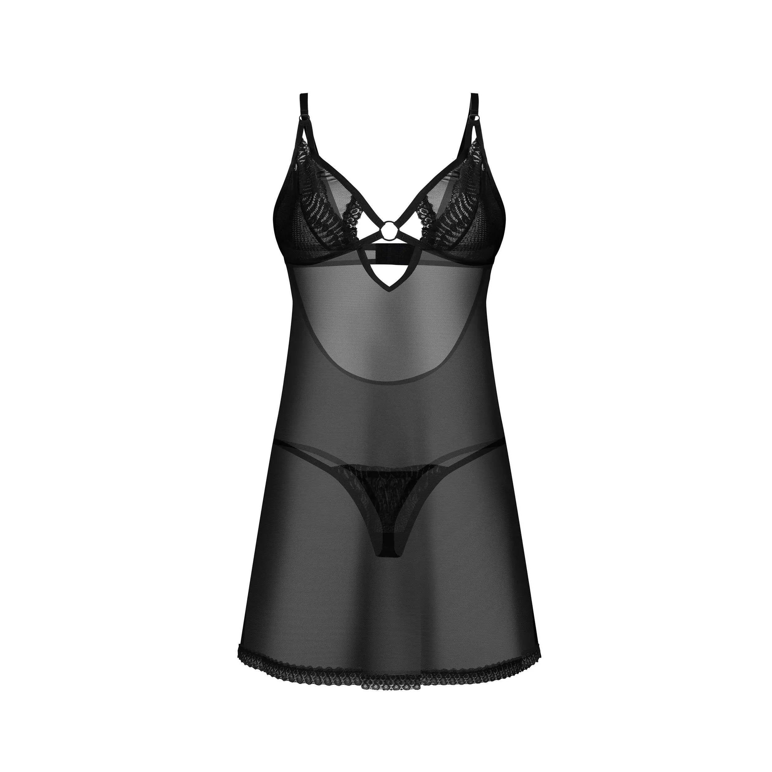 Nuisette noire en maille transparente avec dentelle et anneau décoratif, string assorti, bretelles réglables.