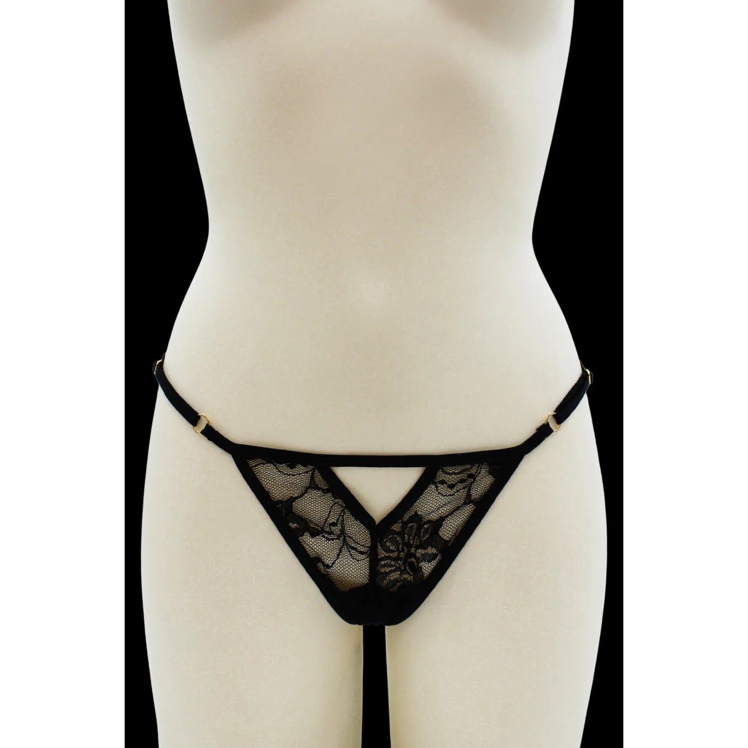 String noir dentelle ajourée bijou perle strass dorés ajustable