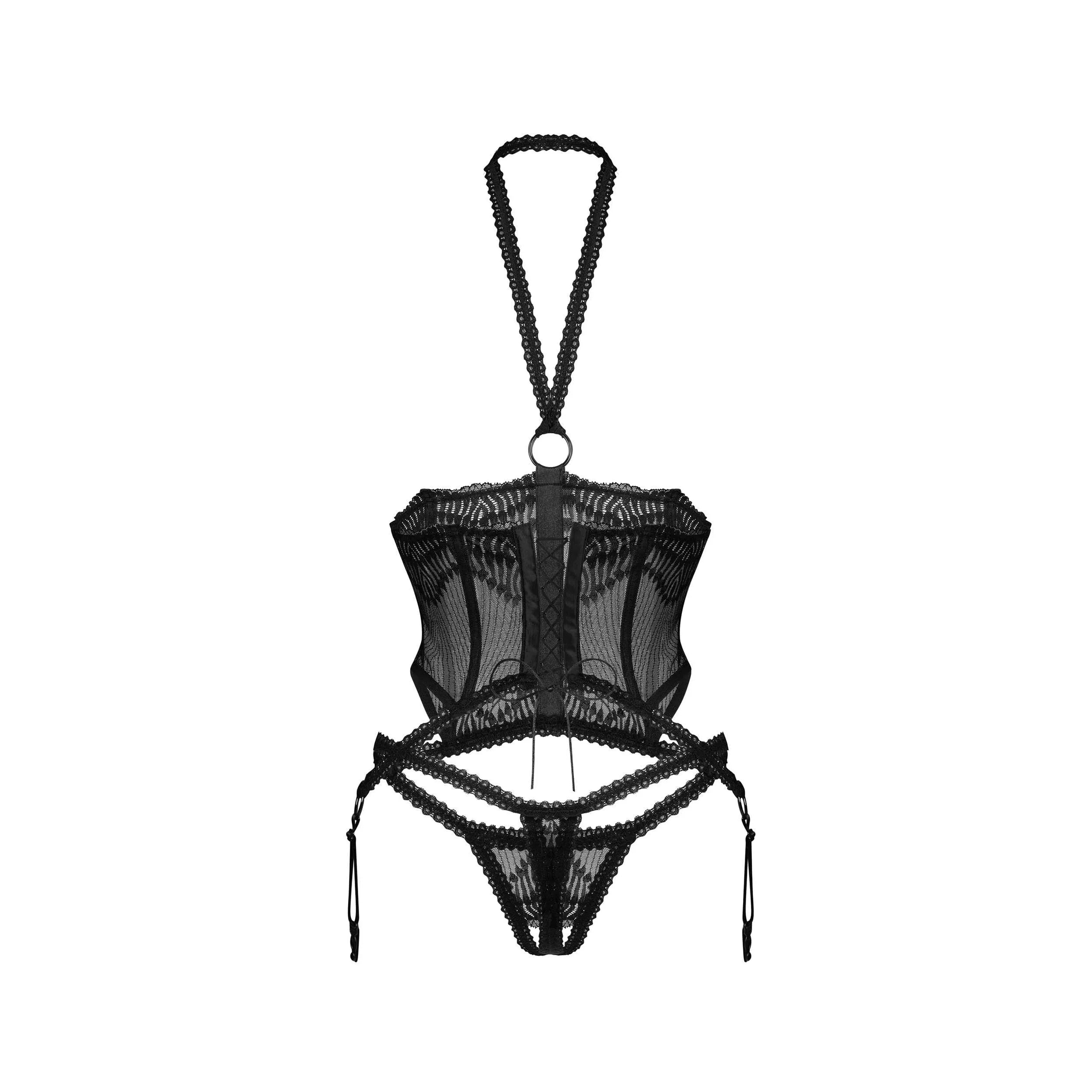 Corset noir Alliane en dentelle avec string ouvert, baleines verticales, lacets ajustables et lanières pour bas.