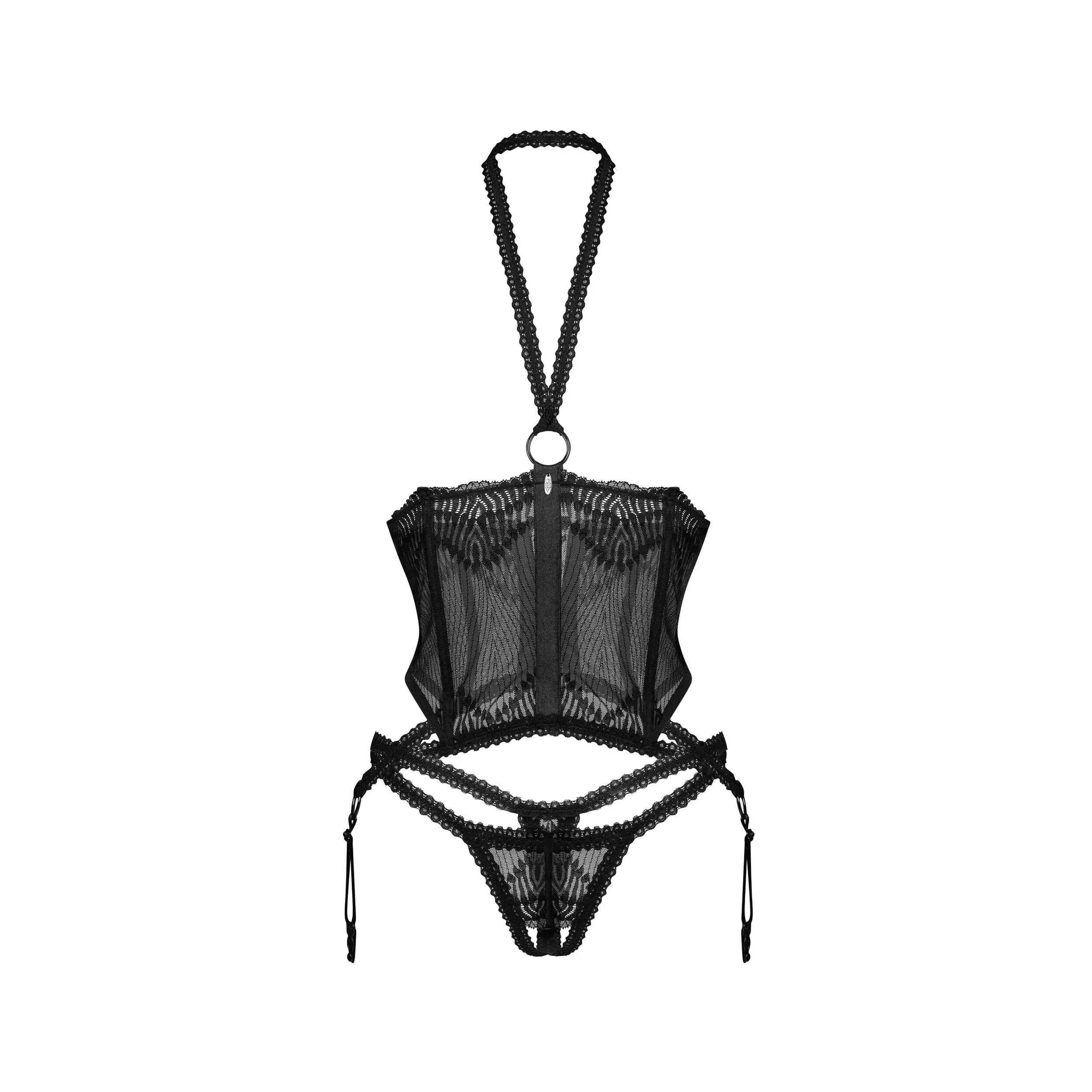 Corset noir Alliane en dentelle avec baleines, lacets au dos et string ouvert assorti, élégant et séduisant.