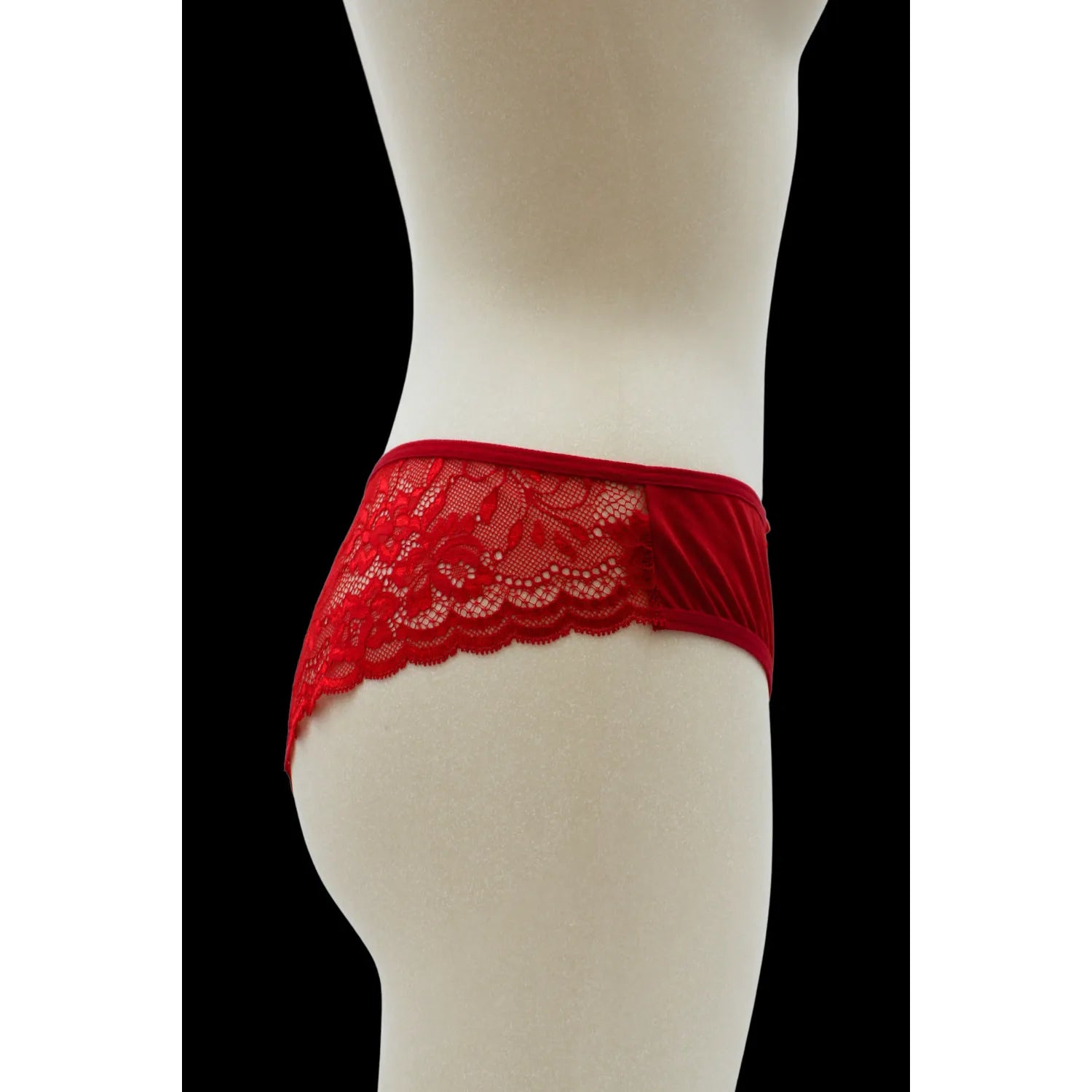 Culotte rouge en dentelle florale avec nœud satin, élégante et confortable, vue de profil sur mannequin.