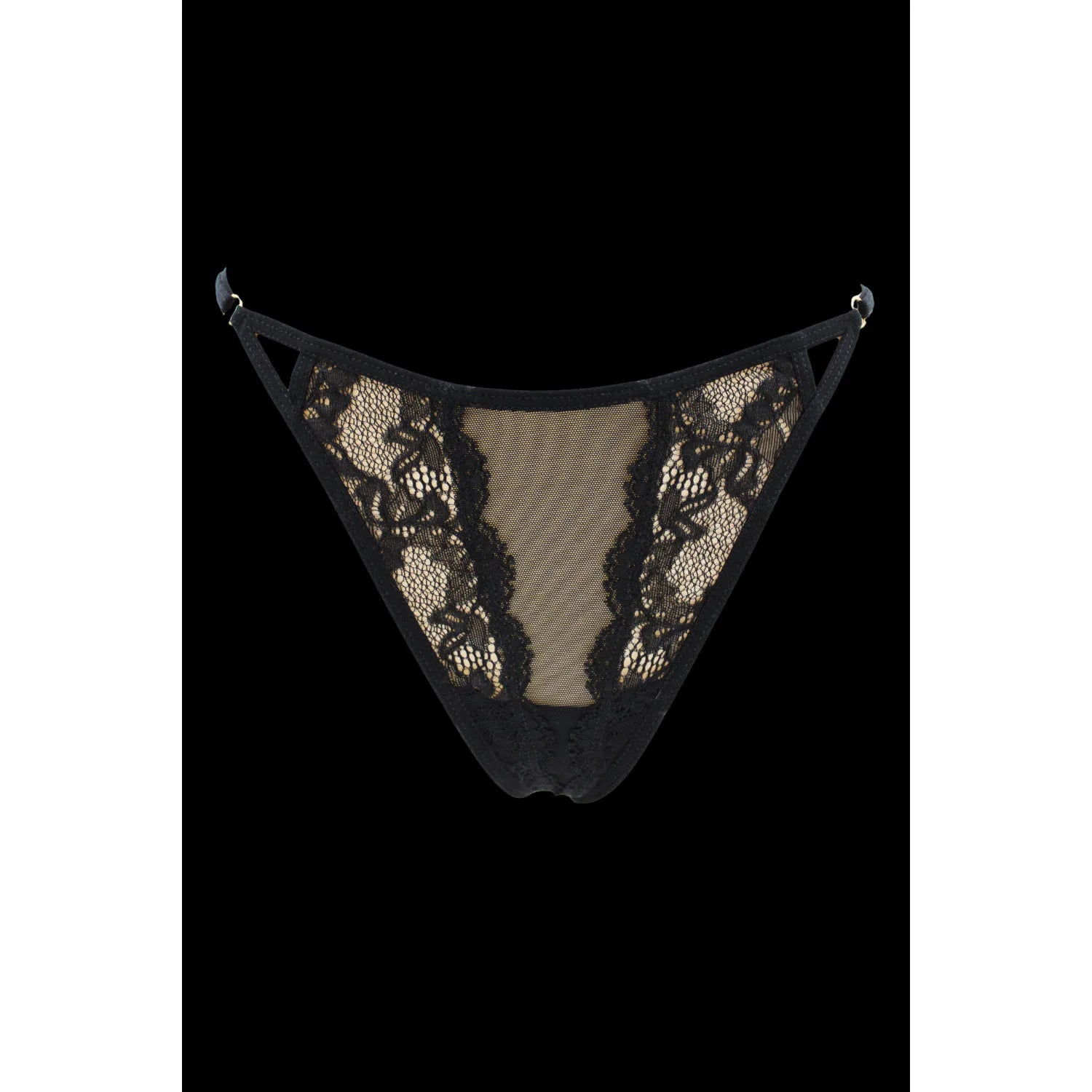 Tanga dentelle noire bijou losanges dorés ajustable sensuel élégant