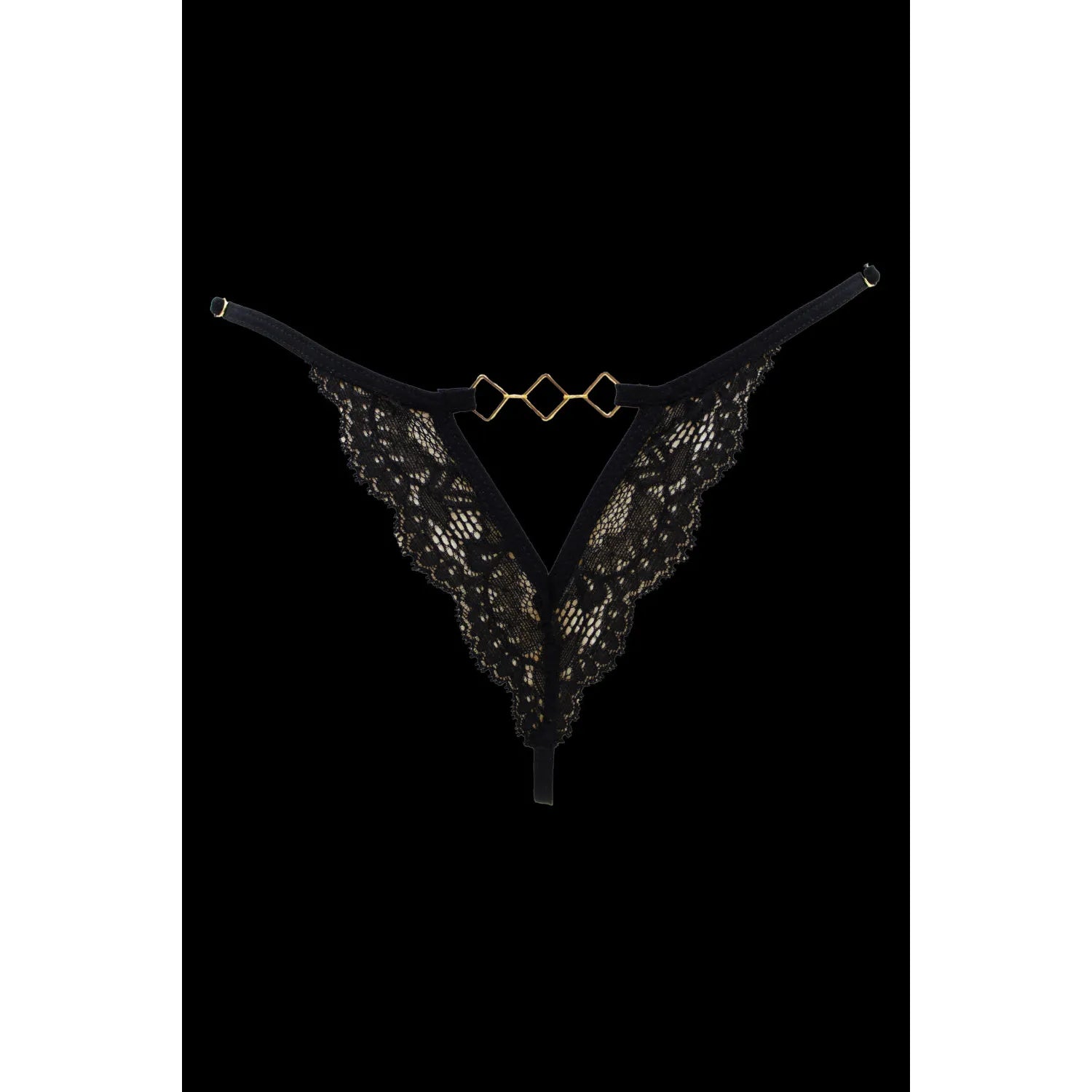 Tanga dentelle noire bijou losanges dorés ajustable sensuel élégant