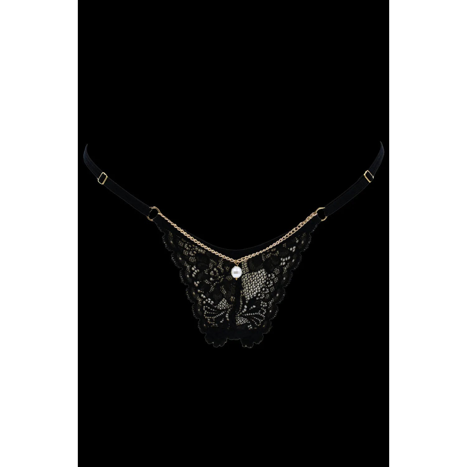 String noir en dentelle avec bijou et chaîne dorée - PM06G-BBLK