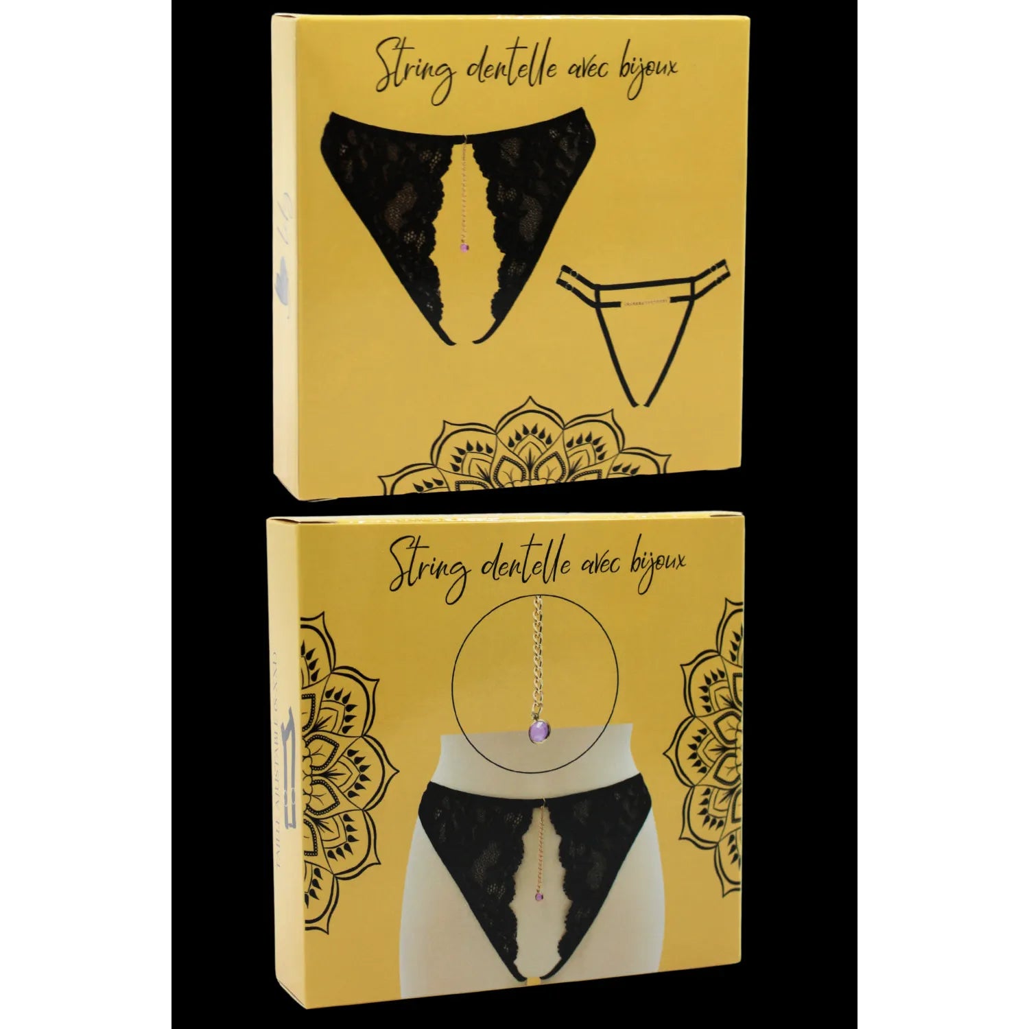 String noir dentelle ouverte chaîne dorée bijou ajustable S à XXL