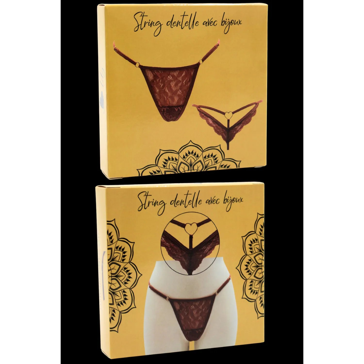 String dentelle taupe bijou cœur doré lanières ajustables sexy féminine