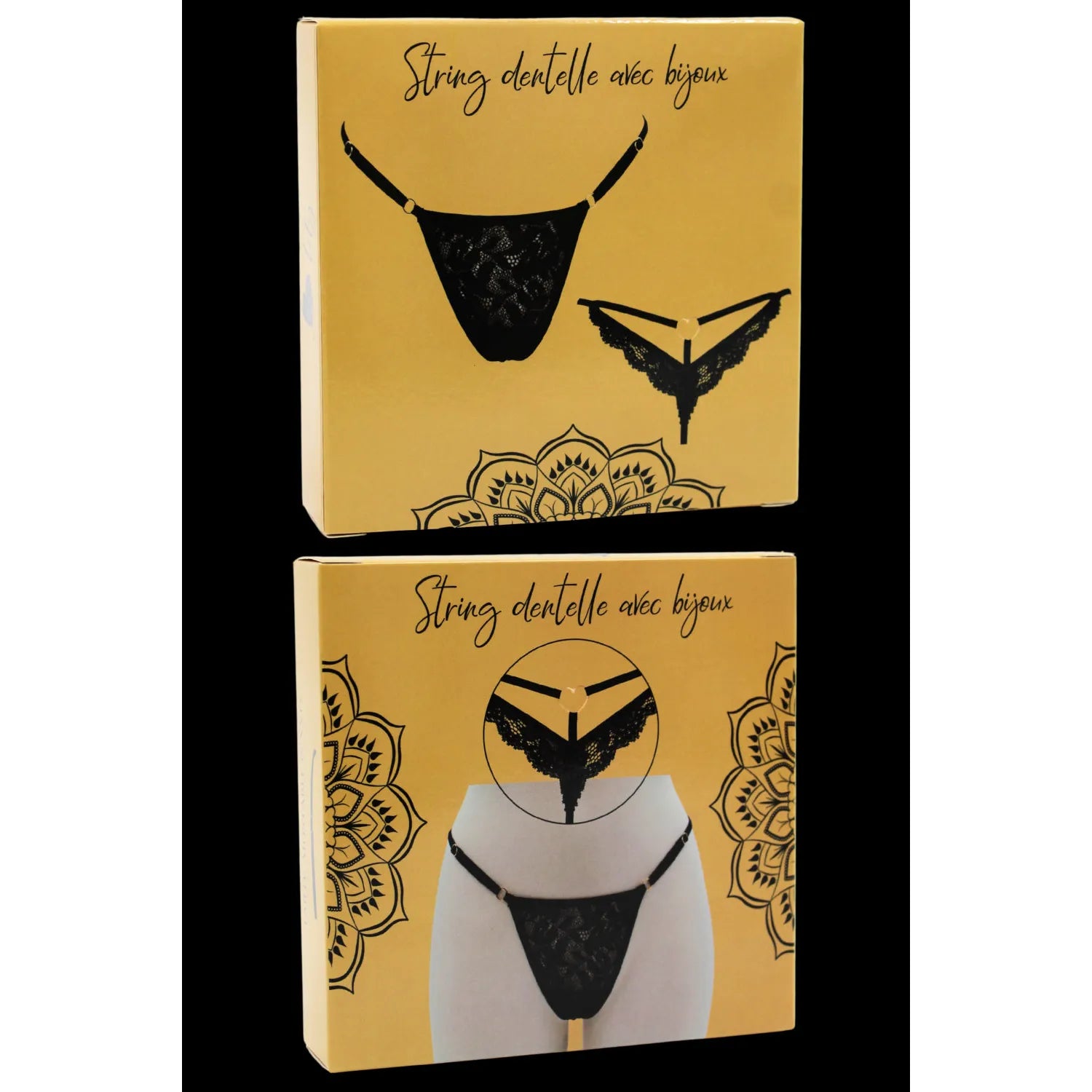 String noir dentelle ajustable bijou cœur doré sexy féminin S XXL