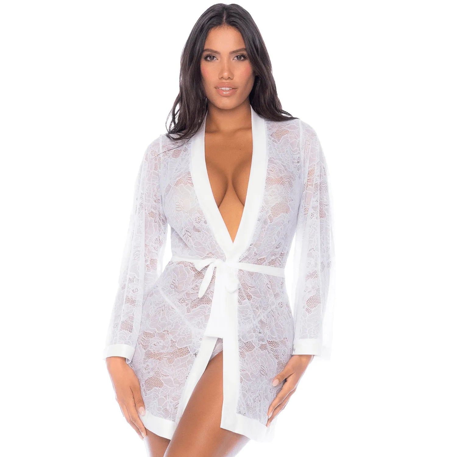 Peignoir dentelle blanche mariée manches longues ceinture nouer élégant