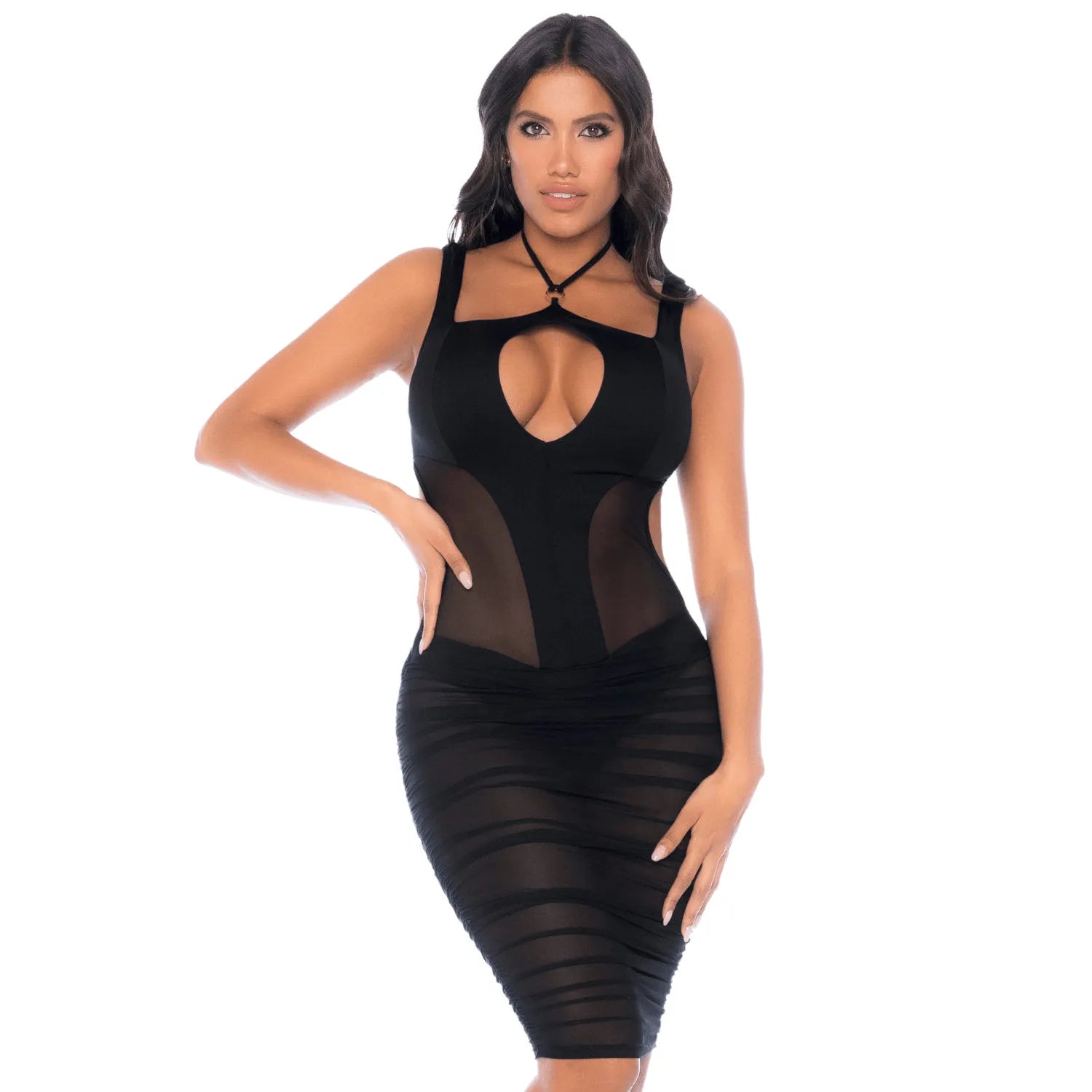 Robe noire résille semi transparente dos nu allure glamour ajustée