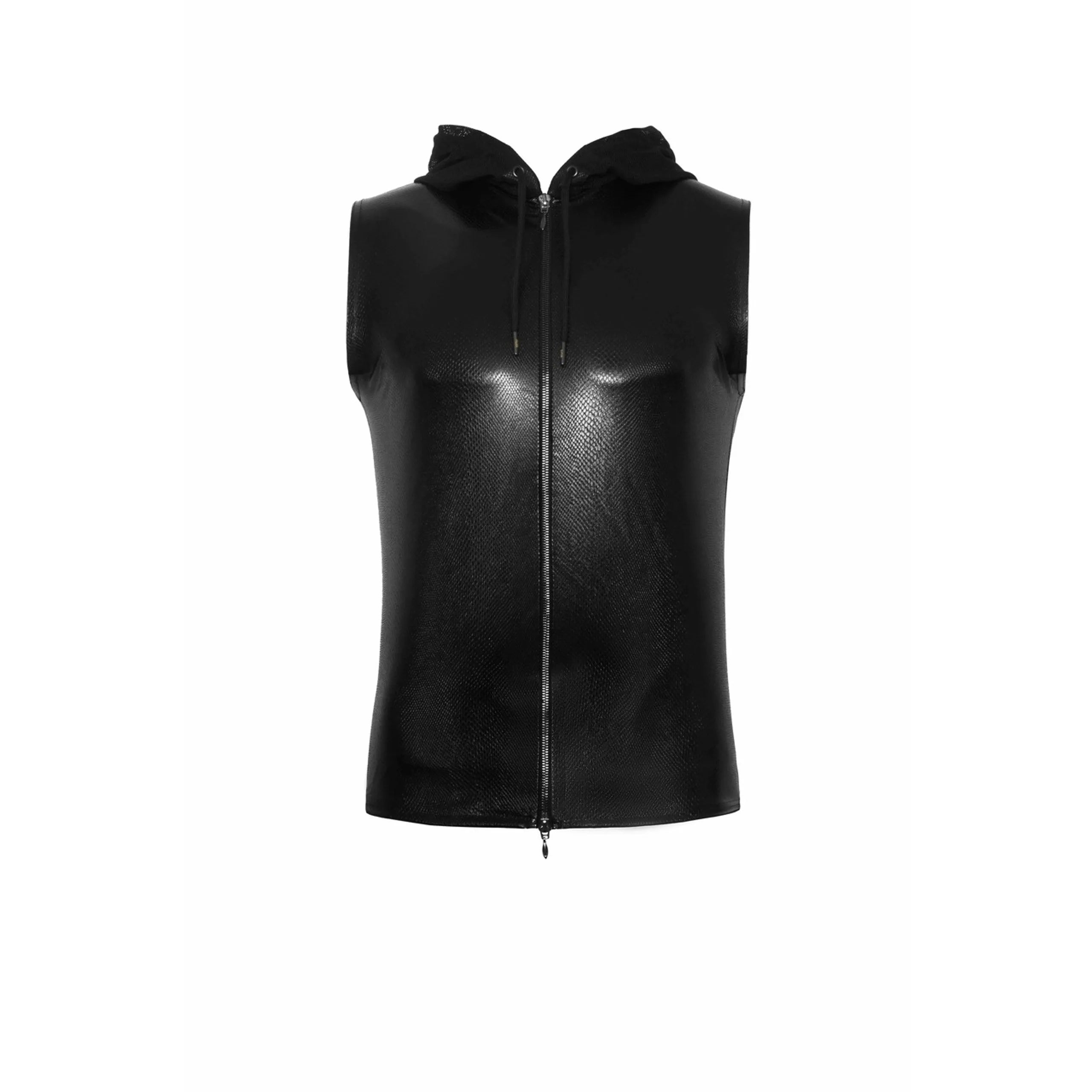 H066 Top zippé sans manches à capuche transparente, aspect serpent