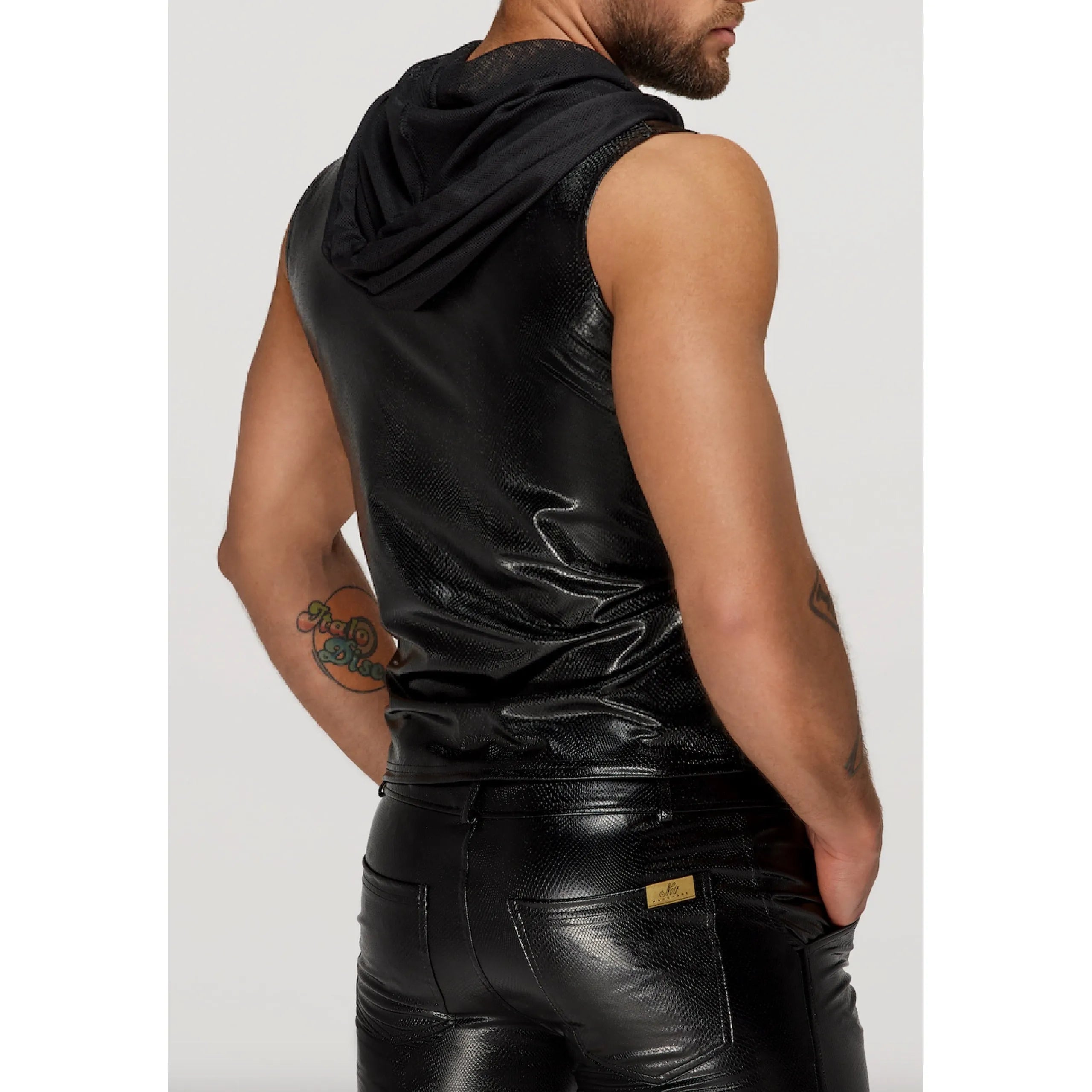 H066 Top zippé sans manches à capuche transparente, aspect serpent