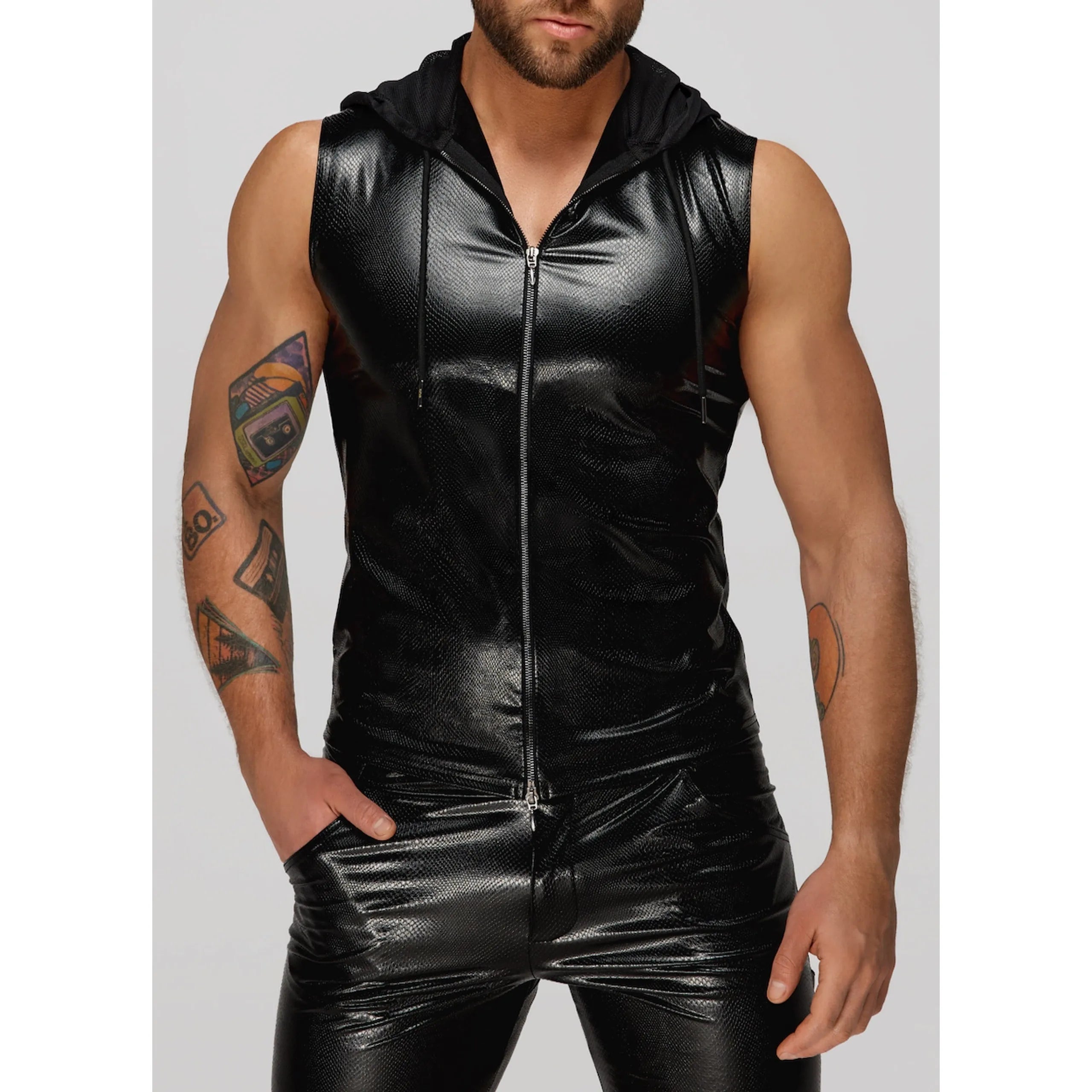 H066 Top zippé sans manches à capuche transparente, aspect serpent