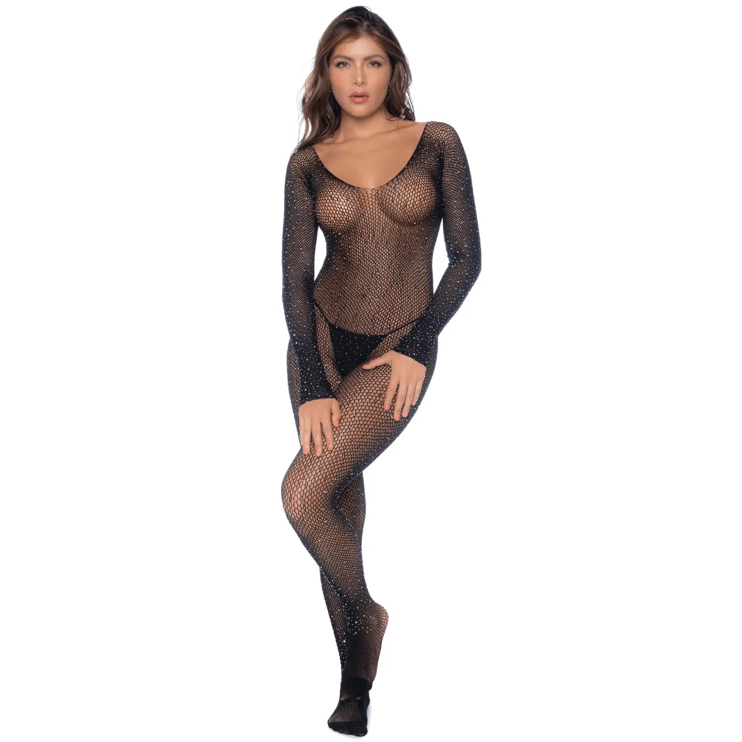 Combinaison noire résille strass manches longues soirée glamour sexy