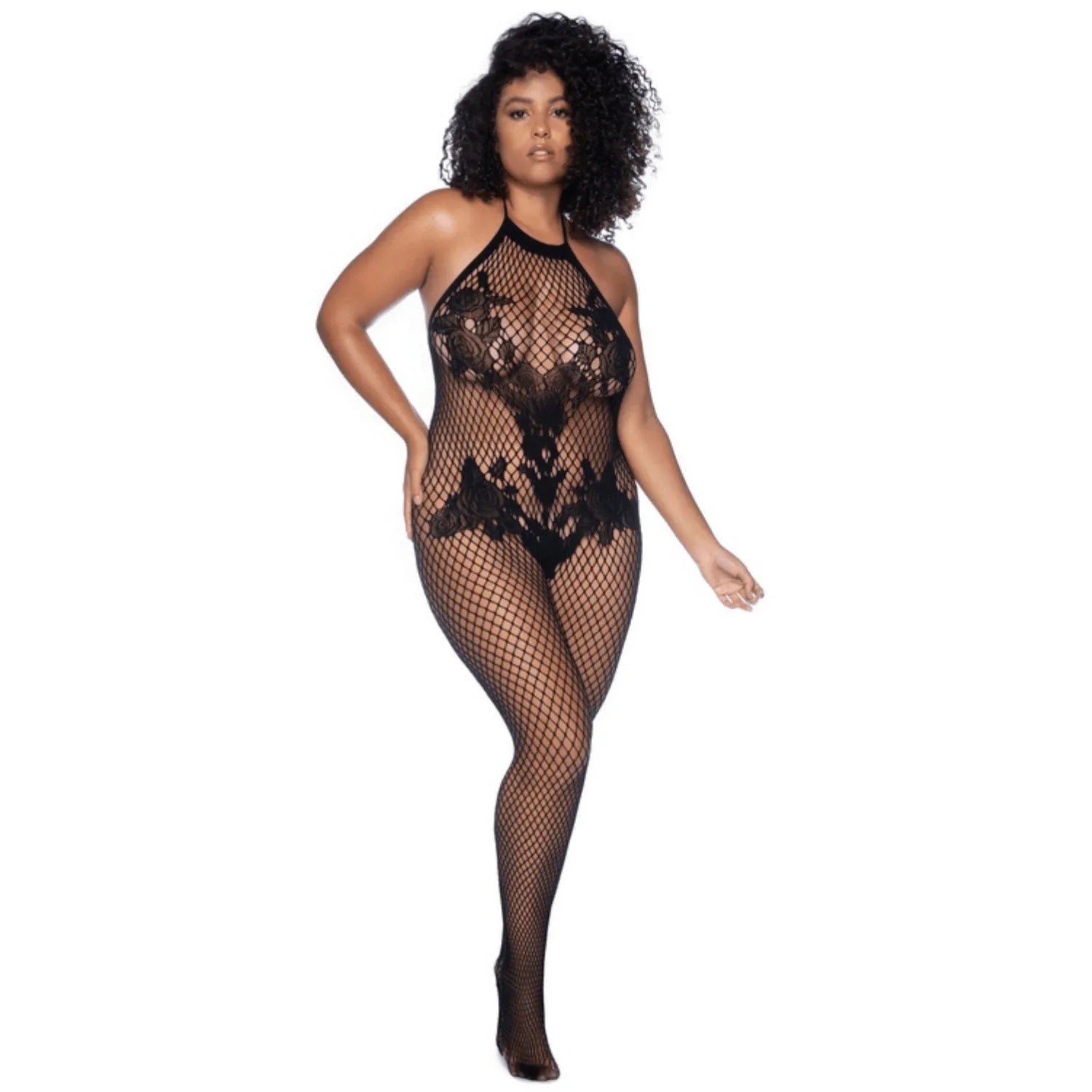 Combinaison grande taille résille noire motifs floraux dos échancré ouverte entrejambe