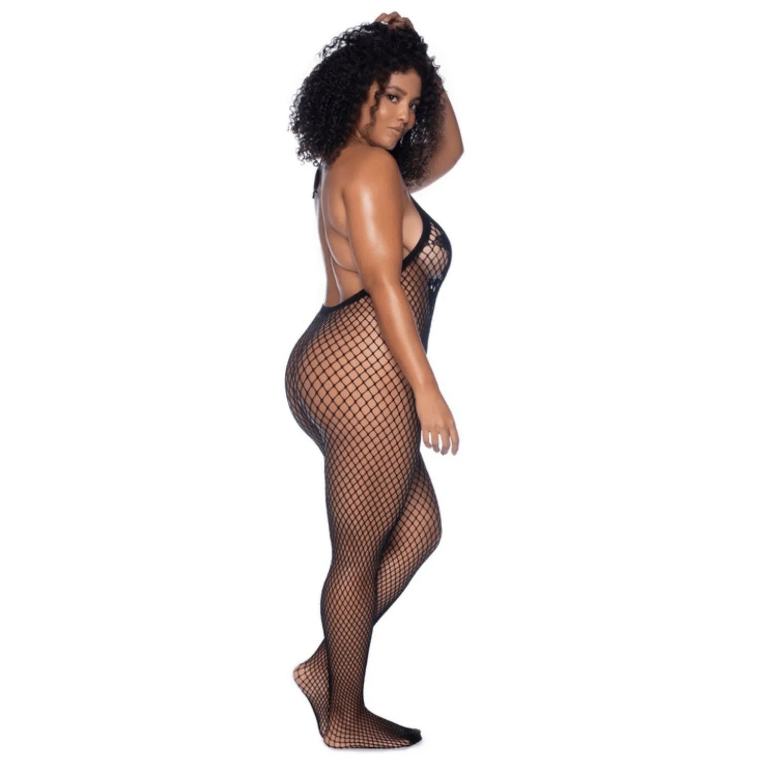 Combinaison grande taille résille noire motifs floraux dos échancré ouverte entrejambe