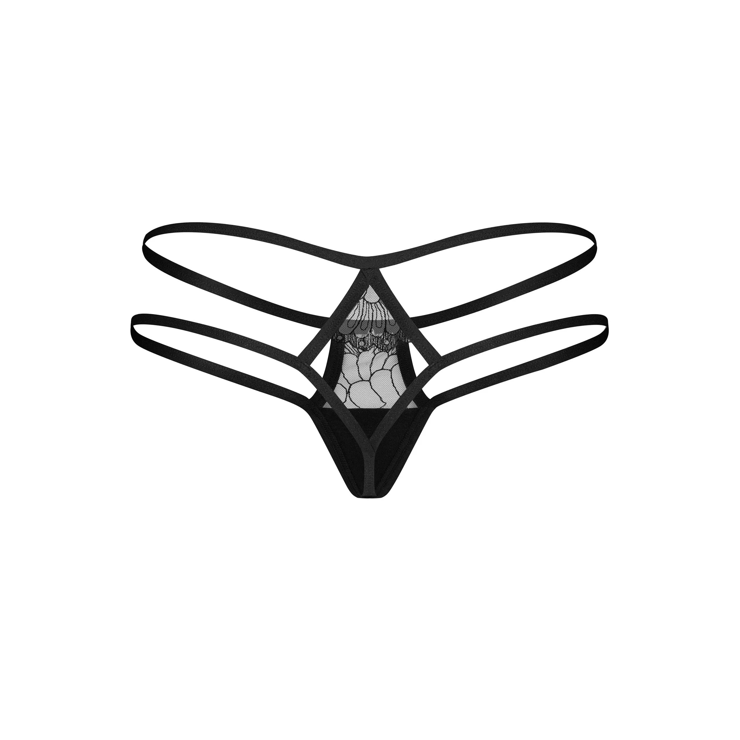 Culotte noire élégante en dentelle transparente avec doubles bretelles, design sophistiqué et flatteur.