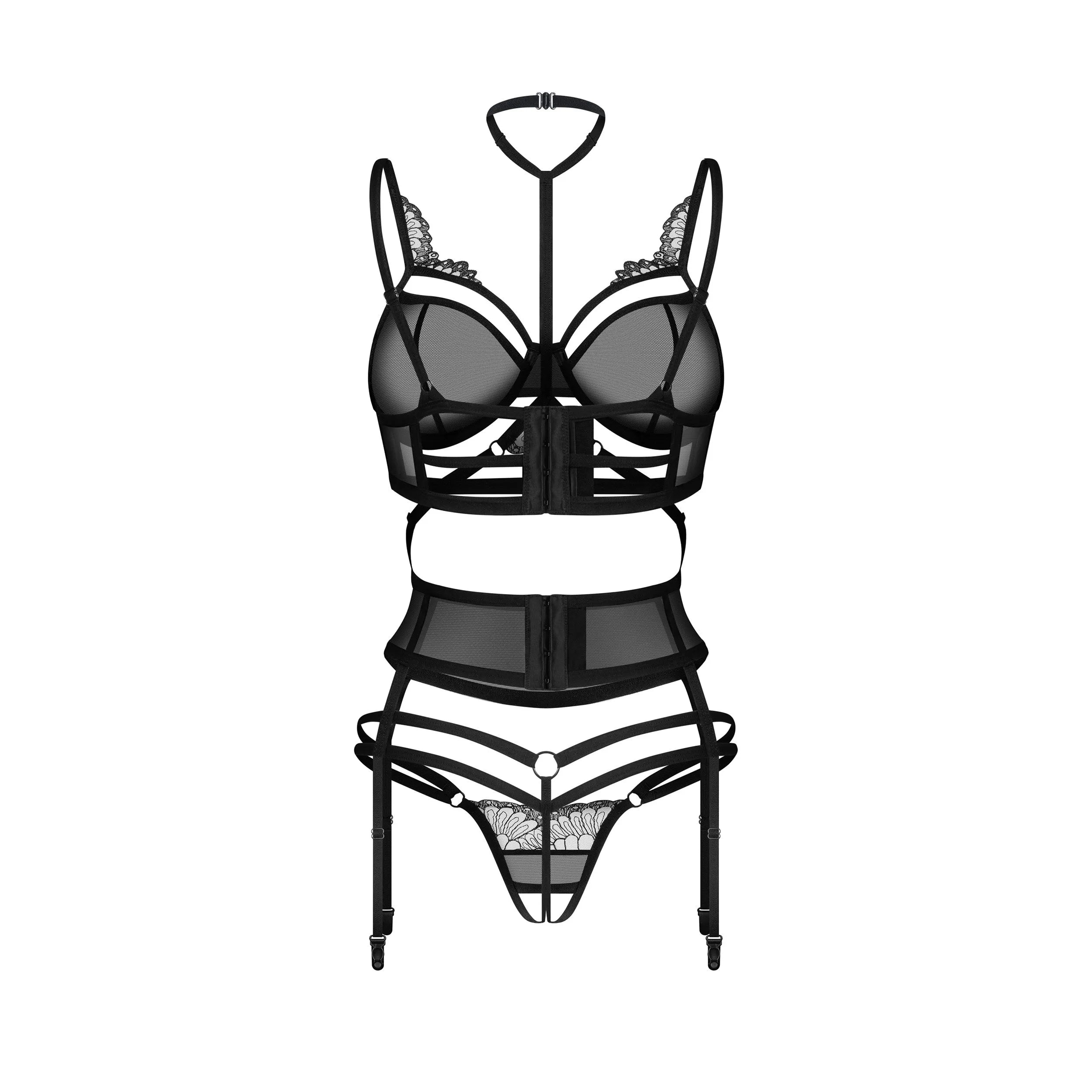 Ensemble lingerie noir ouvert 3 pièces dentelle jarretelles sensuel