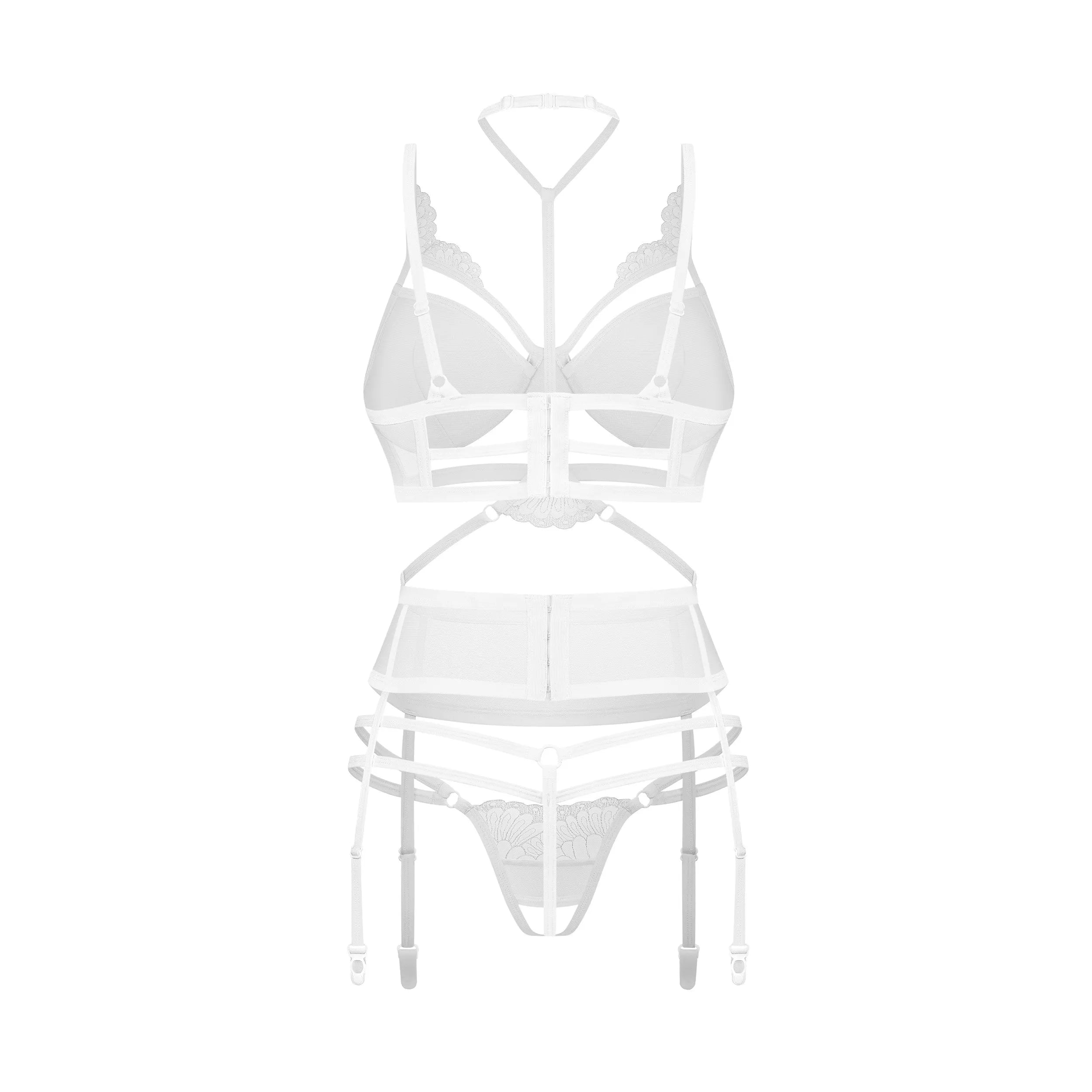Ensemble lingerie blanche premium ouvert 3 pièces broderies baleines réglables
