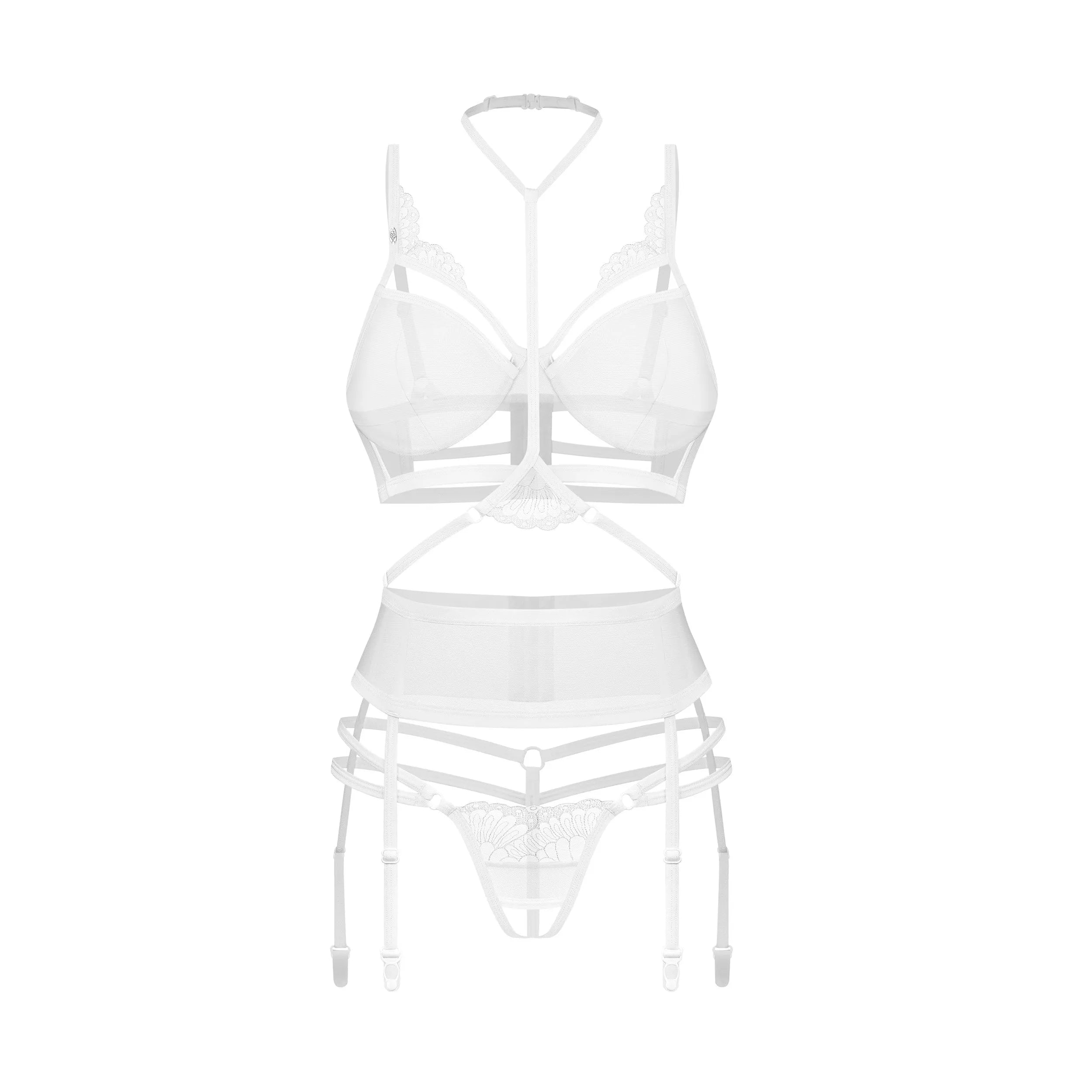 Ensemble lingerie blanche premium ouvert 3 pièces broderies baleines réglables