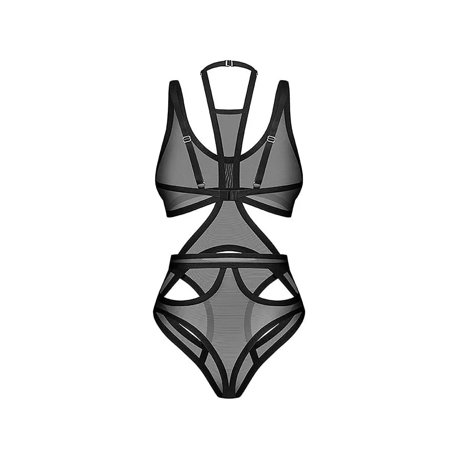 Mercuris body noir maille transparente découpes géométriques ajustable hypoallergénique élégance audacieuse