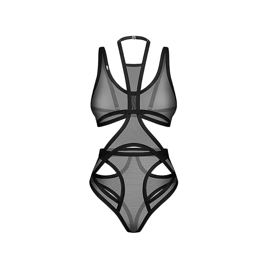 Mercuris body noir maille transparente découpes géométriques ajustable hypoallergénique élégance audacieuse