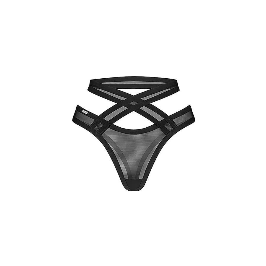 Mercuris string noir maille transparente taille croisée courbes design minimaliste