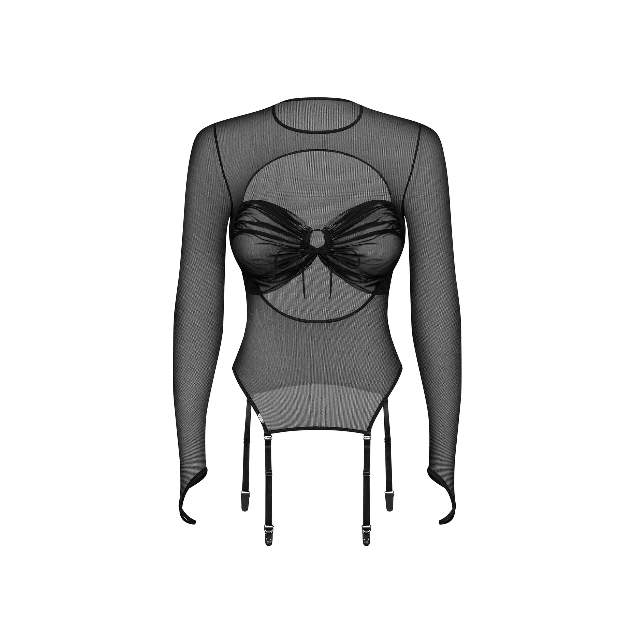 Blouse manches longues Aurorium noires tissu extensible découpe audacieuse jarretelles détachables