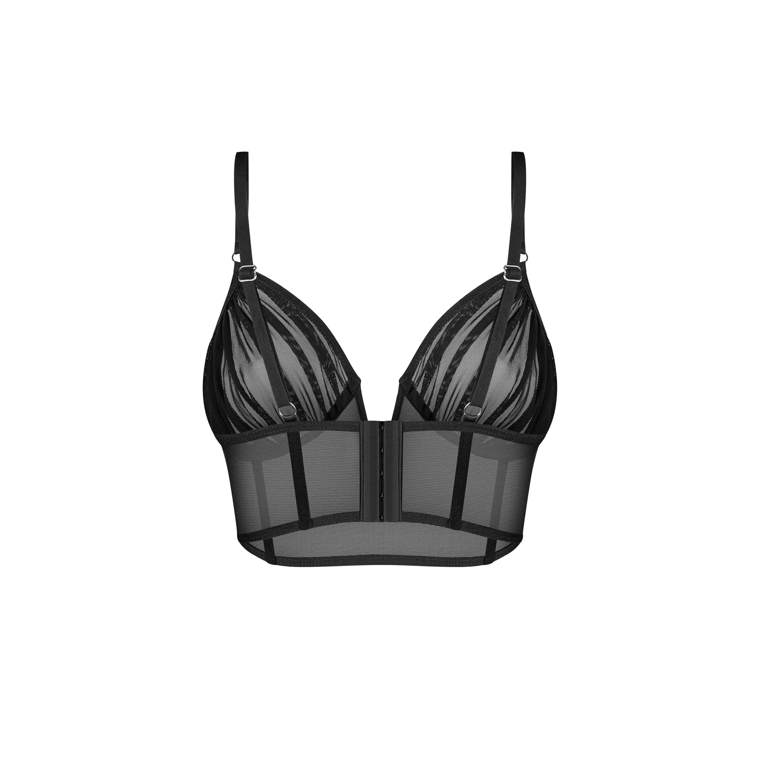 Top noir Aurorium avec baleines verticales, col en V, bretelles réglables et maille transparente pour une silhouette sculp...