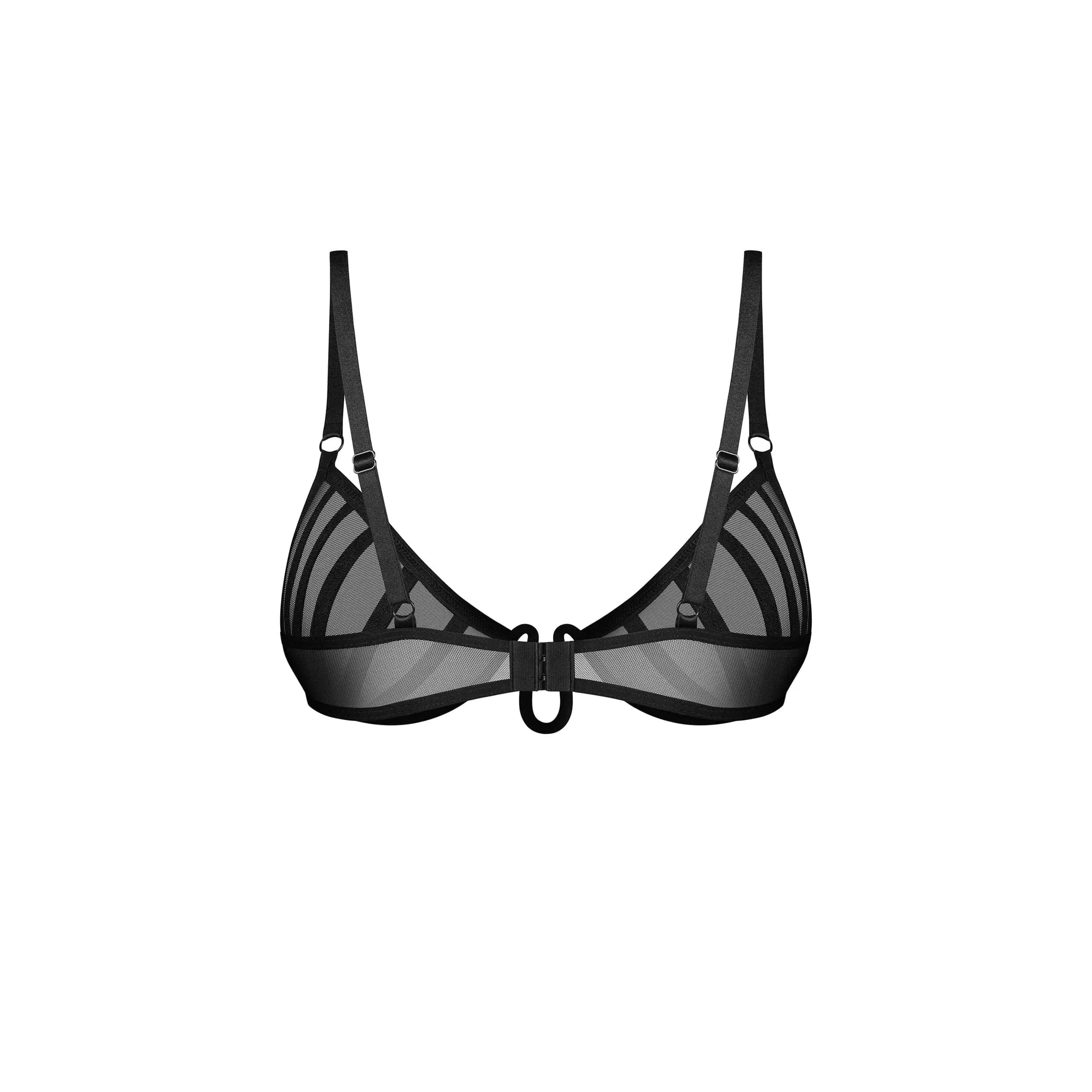 Demi-soutien-gorge noir Aurorium, armature artistique, filet transparent, coutures géométriques, bretelles réglables.
