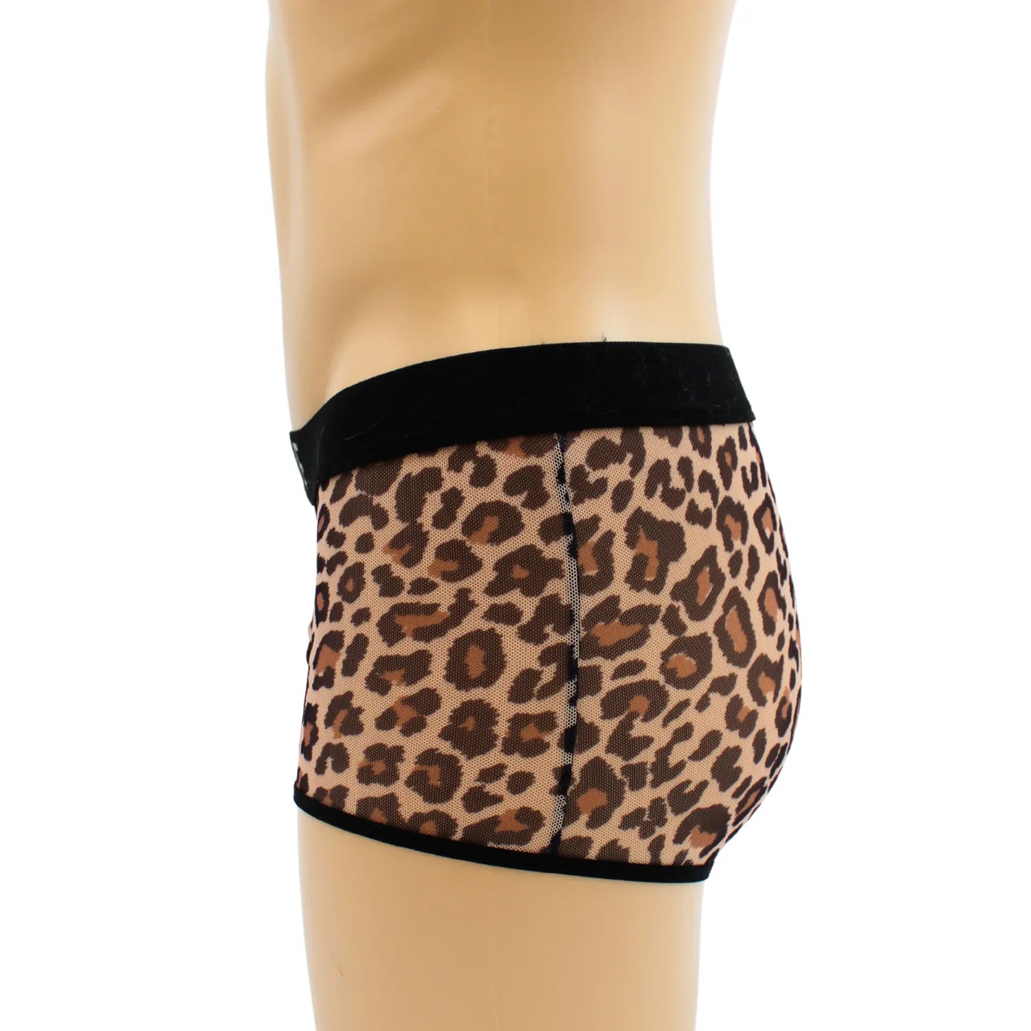 Boxer résille transparent léopard, ceinture noire, coupe ajustée, valorise silhouette, style urbain et sexy.