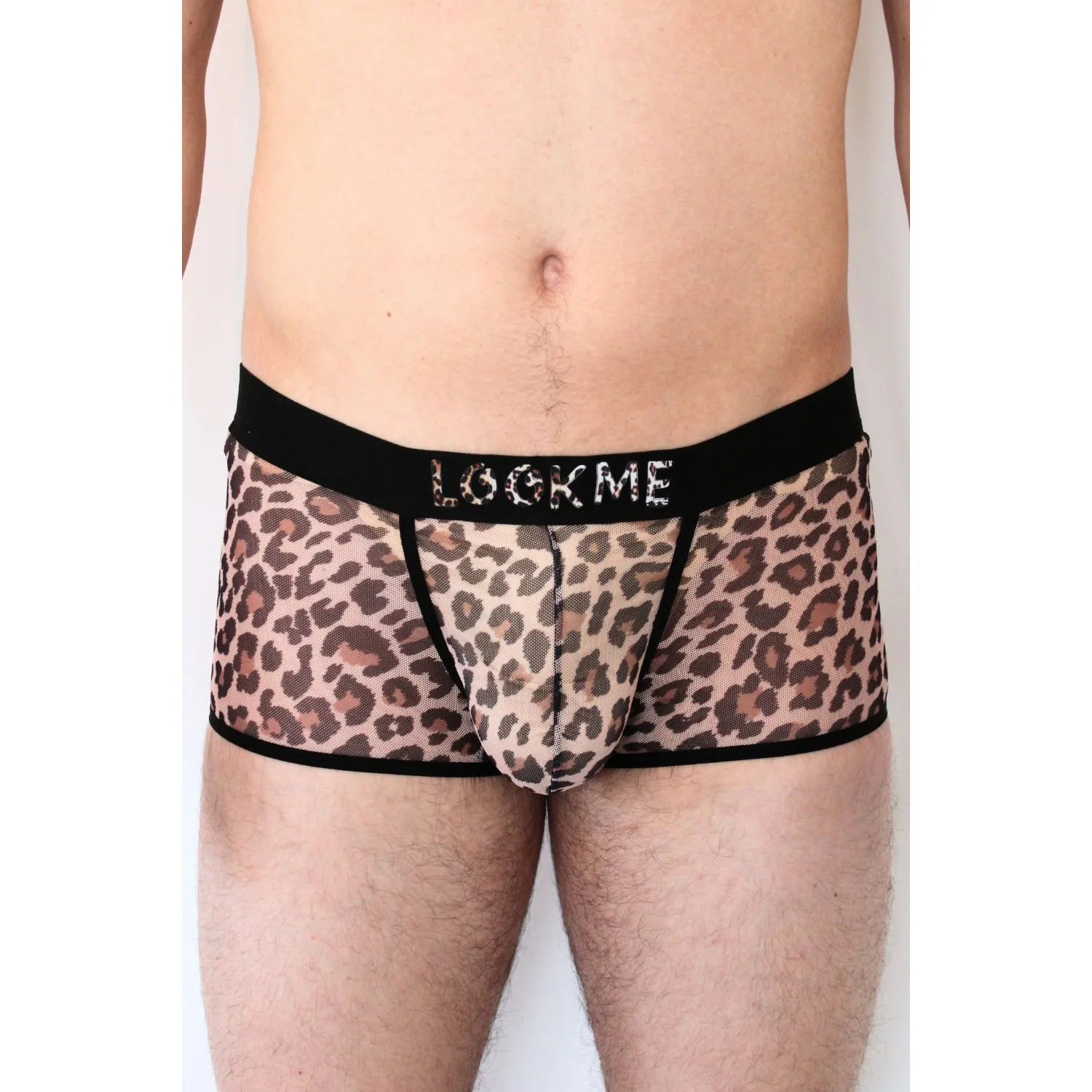 Boxer résille transparent léopard LOOKME, motif audacieux, ceinture noire, valorise silhouette, style urbain et sexy.