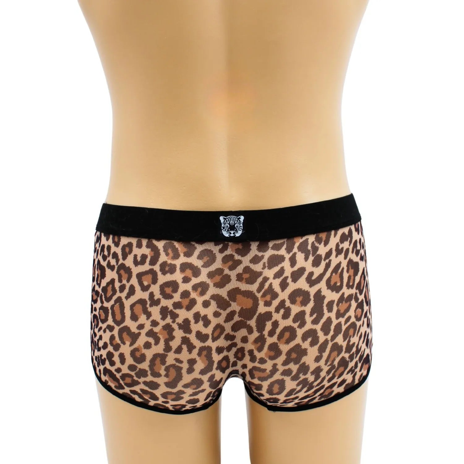 Boxer résille transparent léopard, taille basse, motif animalier, valorise silhouette, style urbain audacieux et sexy.