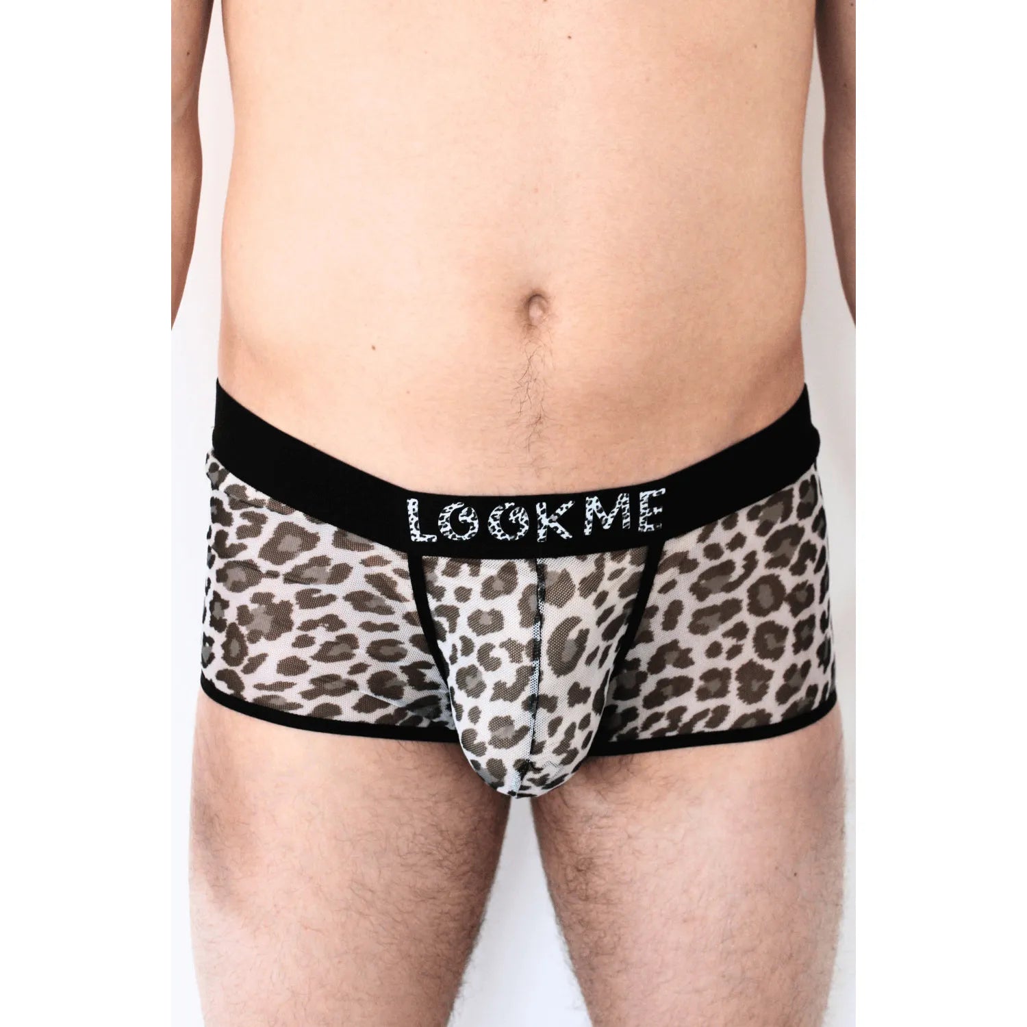 Boxer résille transparent léopard gris, ceinture noire LOOKME, style urbain, confortable, taille valorisante.