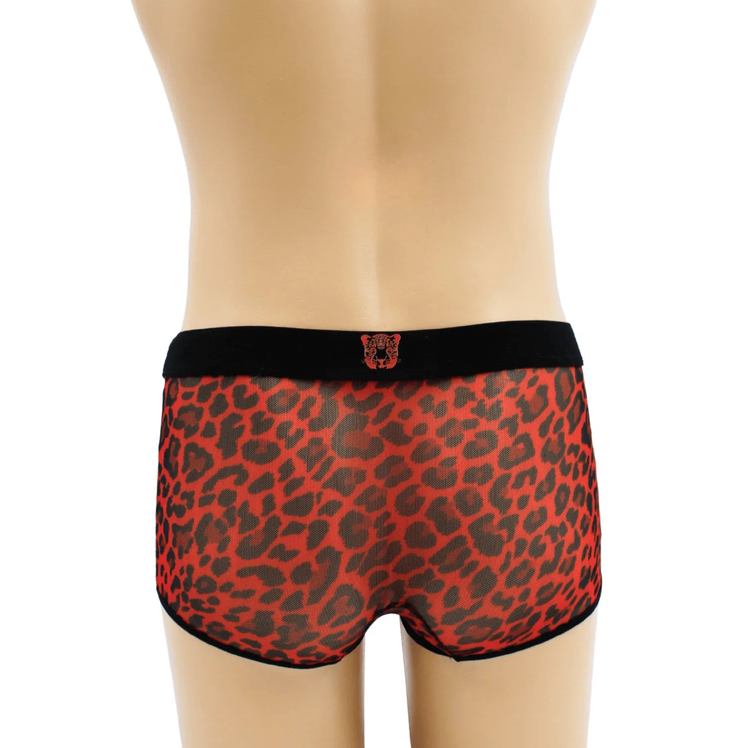 Boxer résille léopard rouge pour homme, taille sublimée, look urbain élégant, polyester élasthanne, séduisant et confortable.