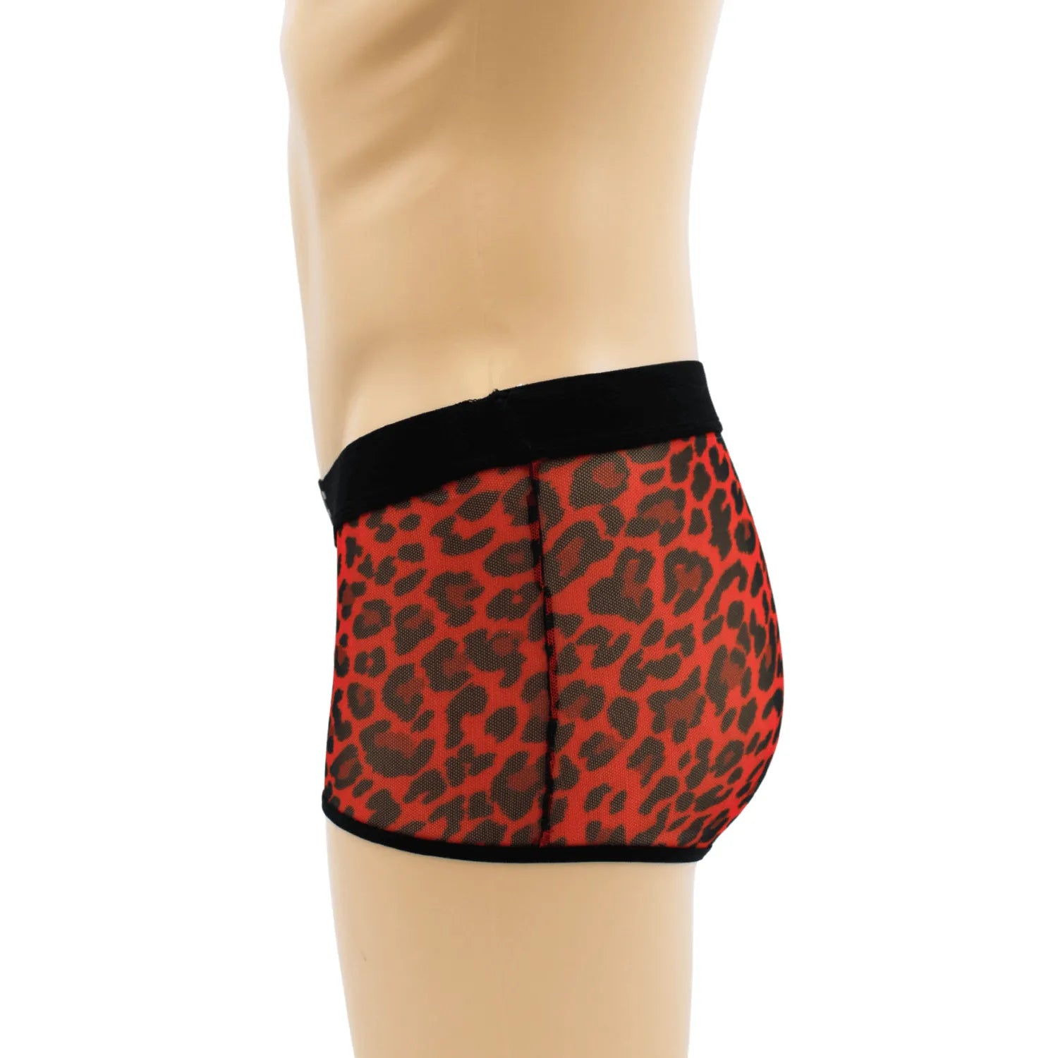 Boxer résille léopard rouge pour homme, taille sublimée, look urbain, élégant, polyester élasthanne.