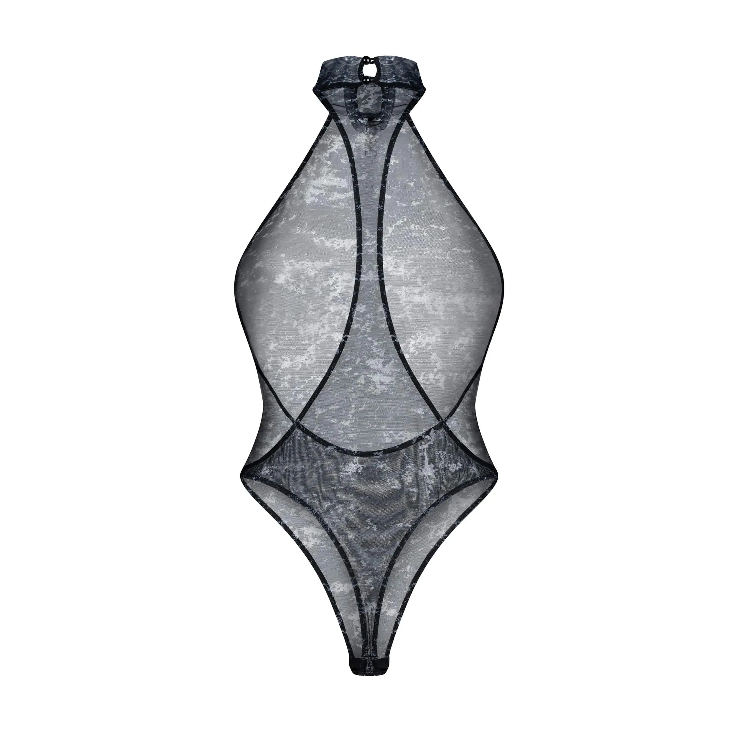 Body transparent noir col court, design audacieux, pendentif argent, maille élastique, silhouette élégante et sophistiquée.