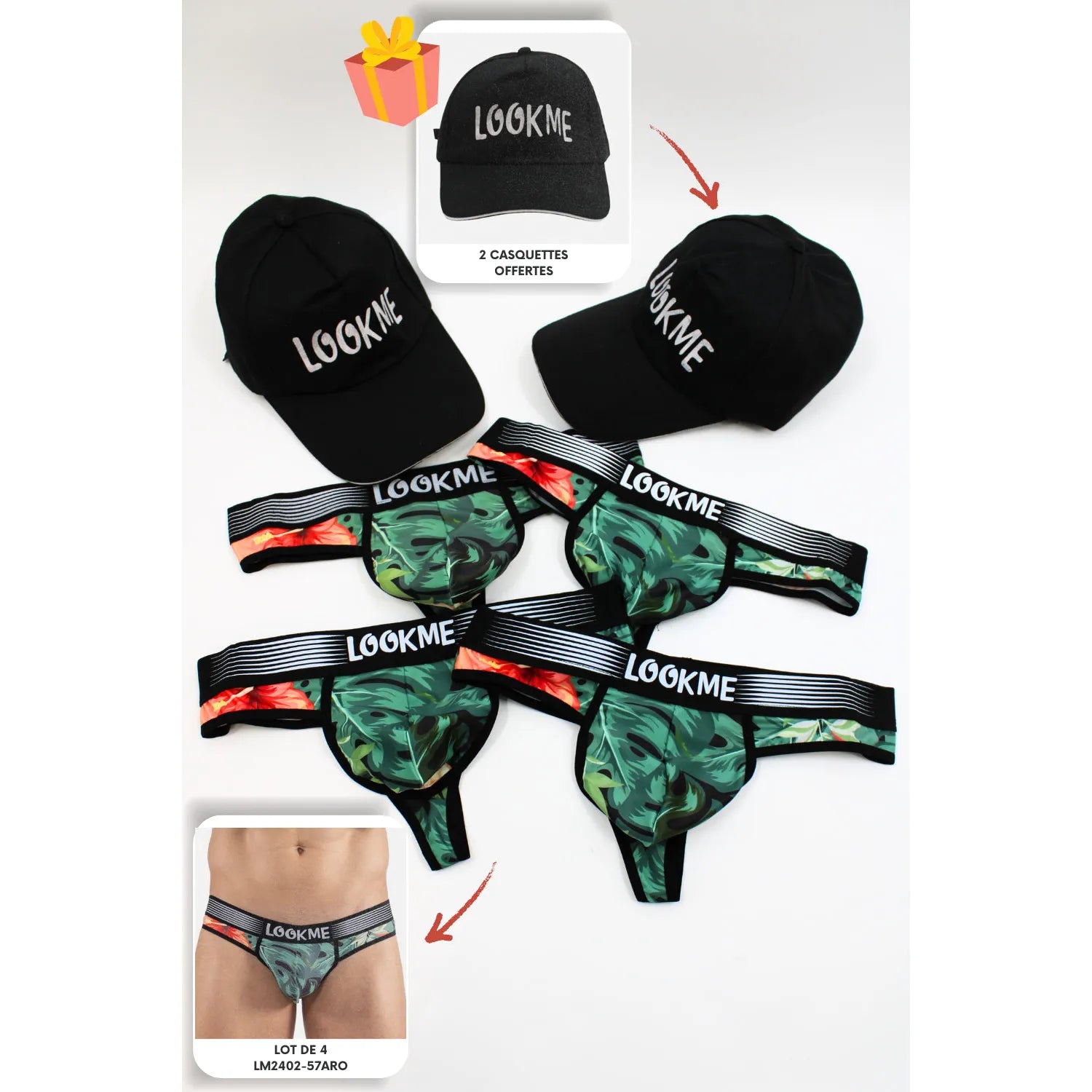 Pack 4 Strings Homme Polyester Elasthanne Noir LM2402-57ARO 2 Casquettes Offertes