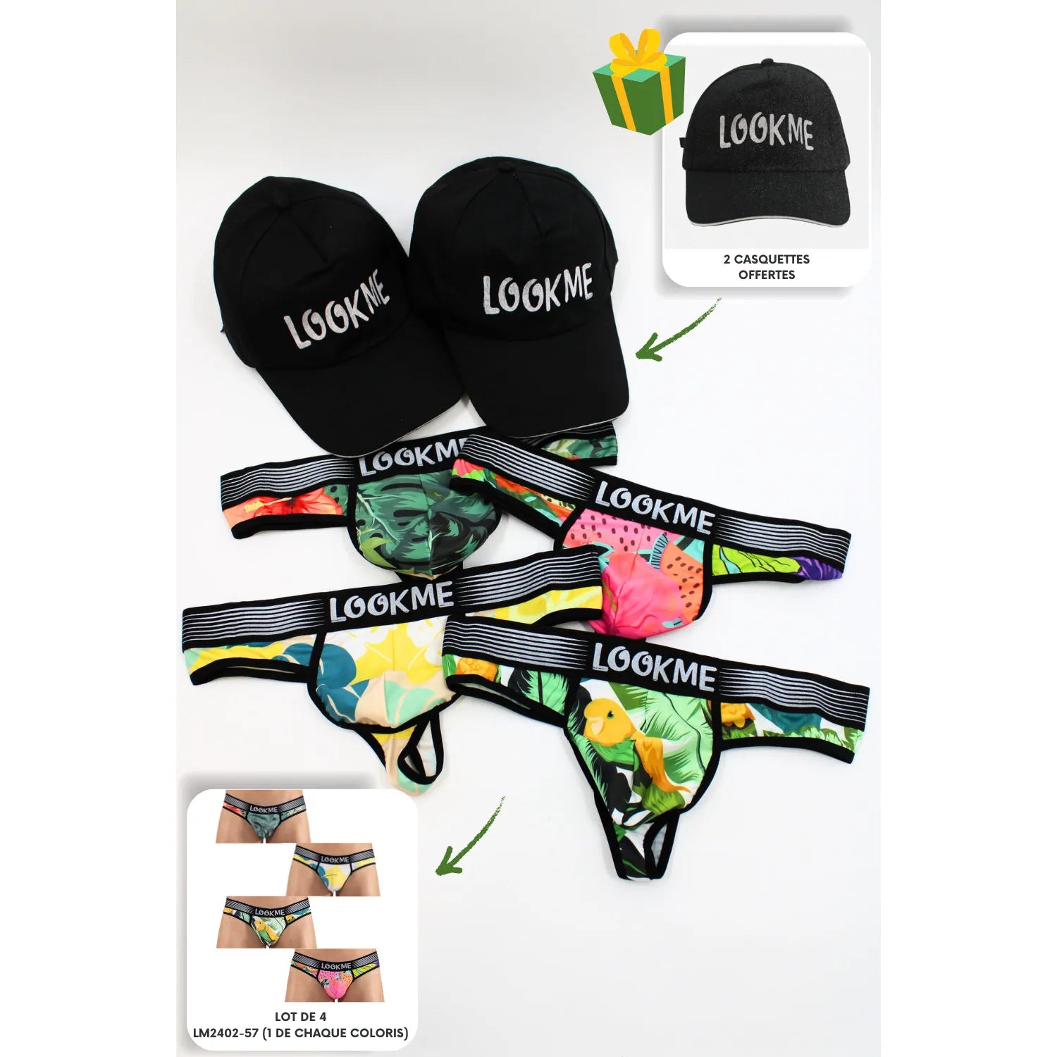 Pack 4 Strings Homme Polyester Elasthanne + 2 Casquettes Noires Offertes