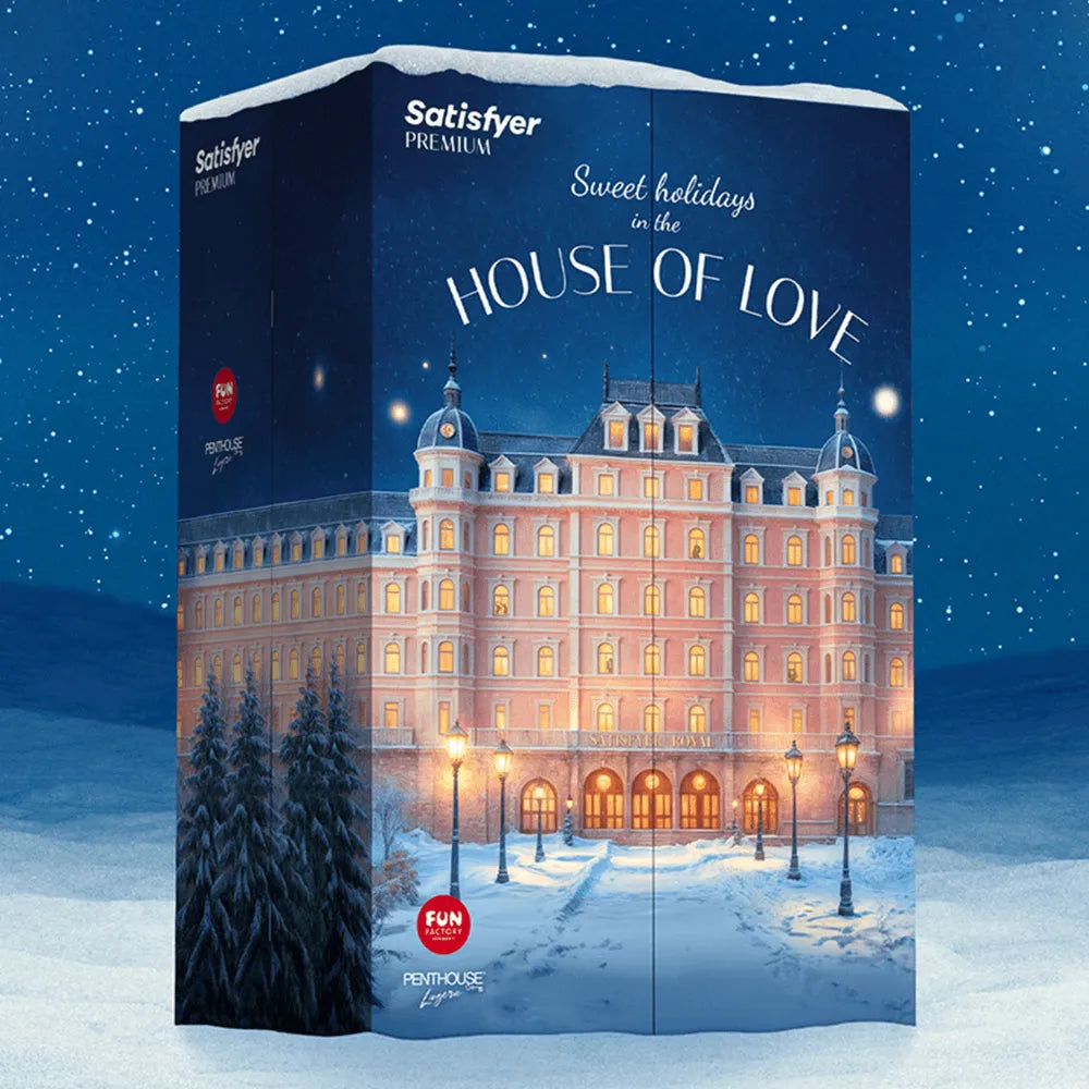Calendrier de l’Avent Coquin Satisfyer PREMIUM 2025, bleu nuit, illustration château enneigé, 24 surprises sensuelles.