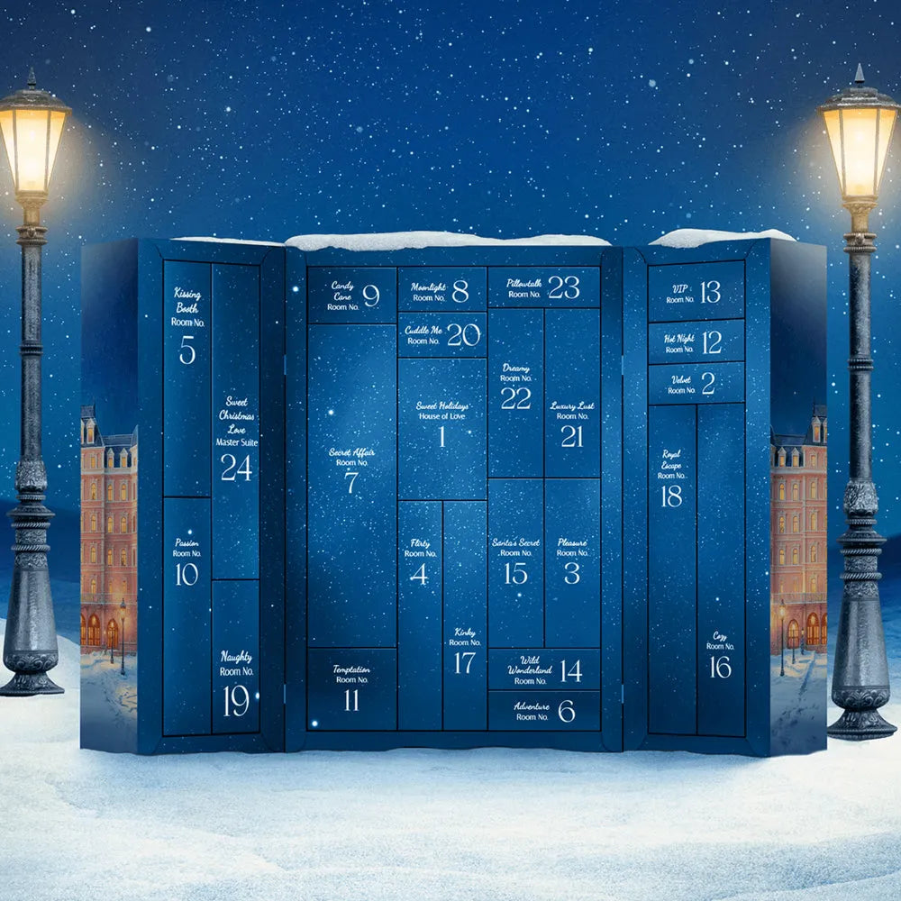 Calendrier de l’Avent Coquin Satisfyer 2025 bleu avec 24 cases numérotées, ambiance festive et luxueuse.