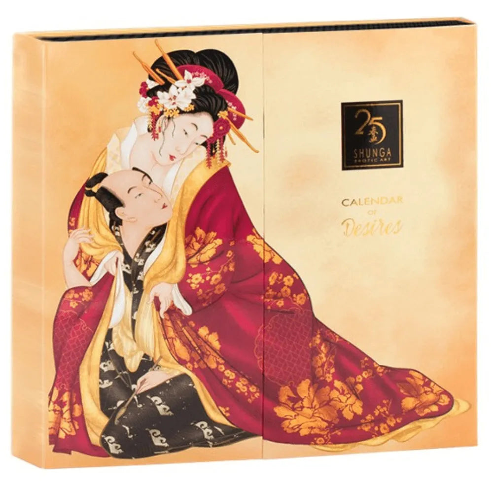 Calendrier de l'Avent SHUNGA 25ème anniversaire, boîte dorée avec illustration japonaise, 25 produits intimes inclus.