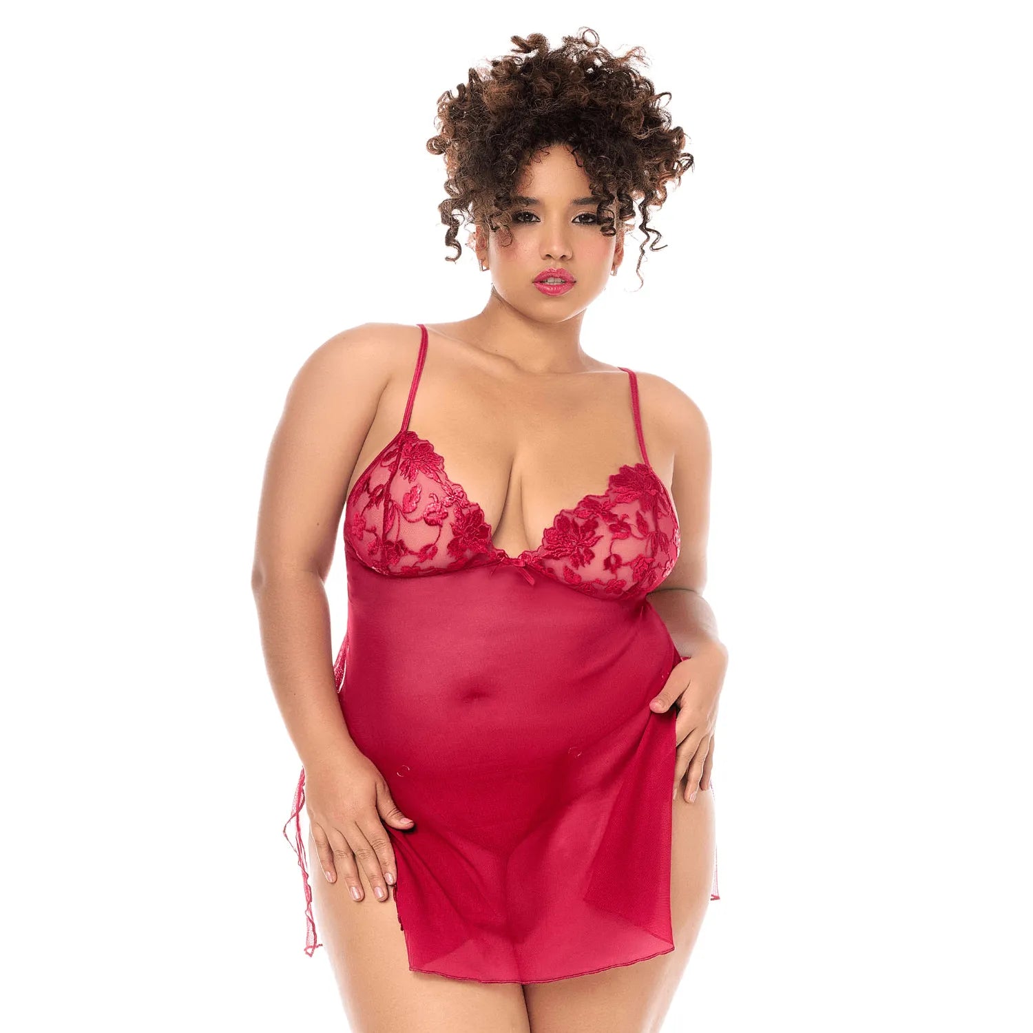 Babydoll sexy grande taille en résille transparente avec broderie et string Mapalé - MAL7620XRED