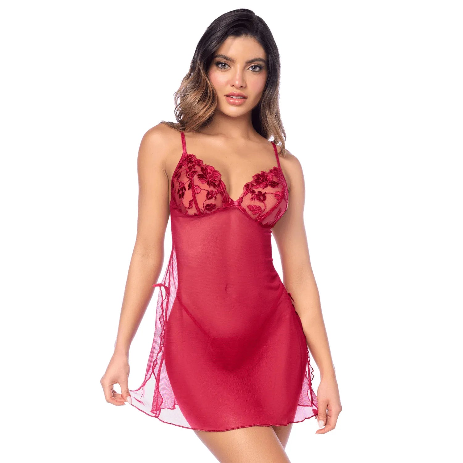 Babydoll sexy en résille transparente avec broderies et string Mapalé - MAL7620RED