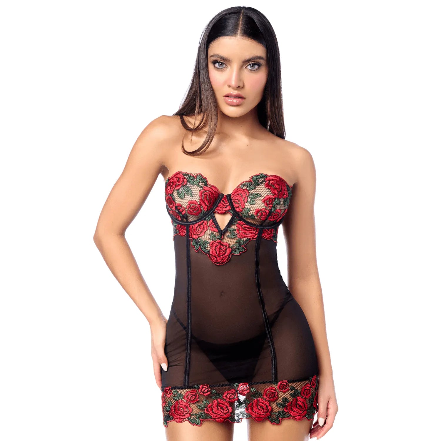 Babydoll sexy à armatures avec broderie de roses et dos lacé Mapalé - MAL7619BKRD