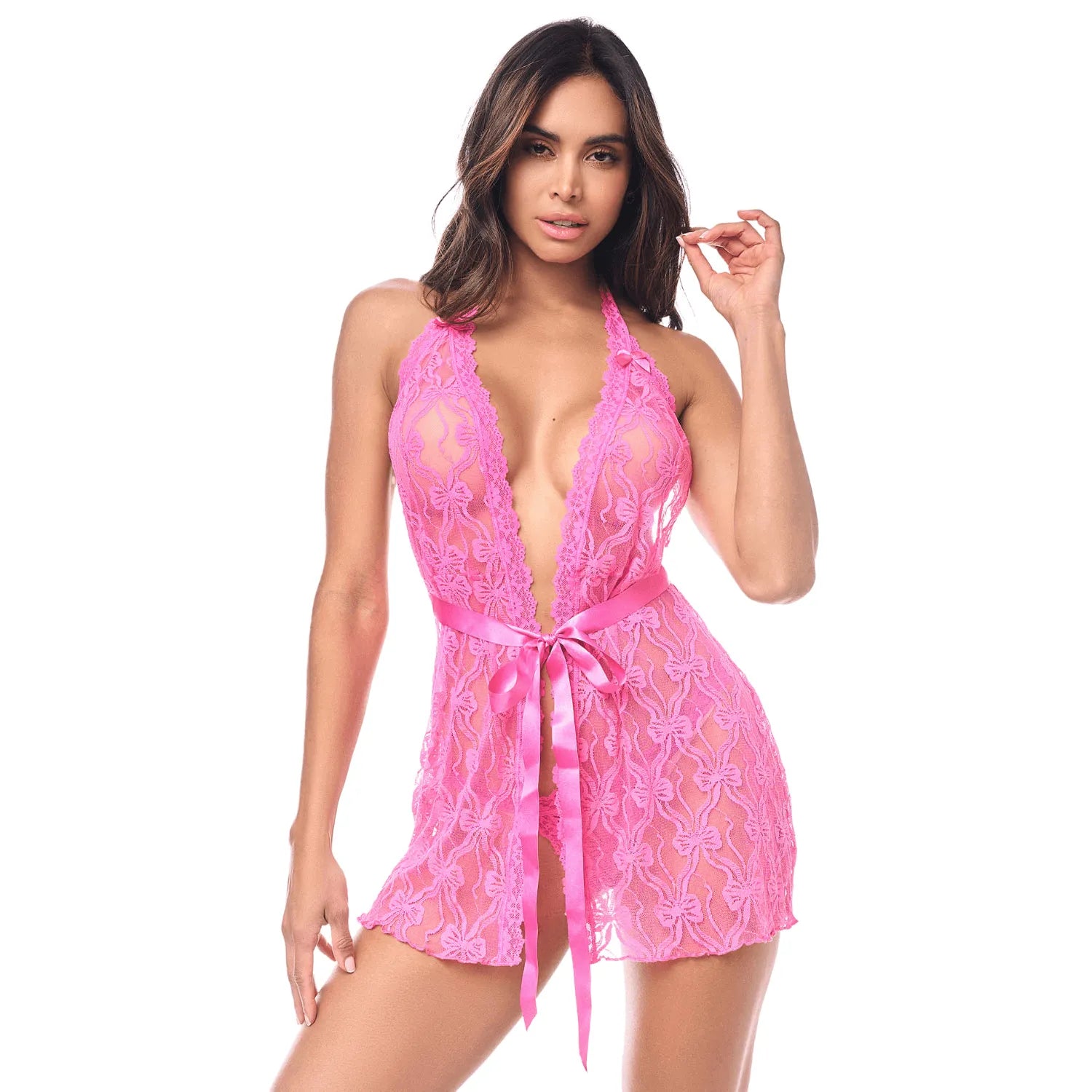 Babydoll sexy à décolleté plongeant avec string en dentelle rose Mapalé - MAL7622PINK