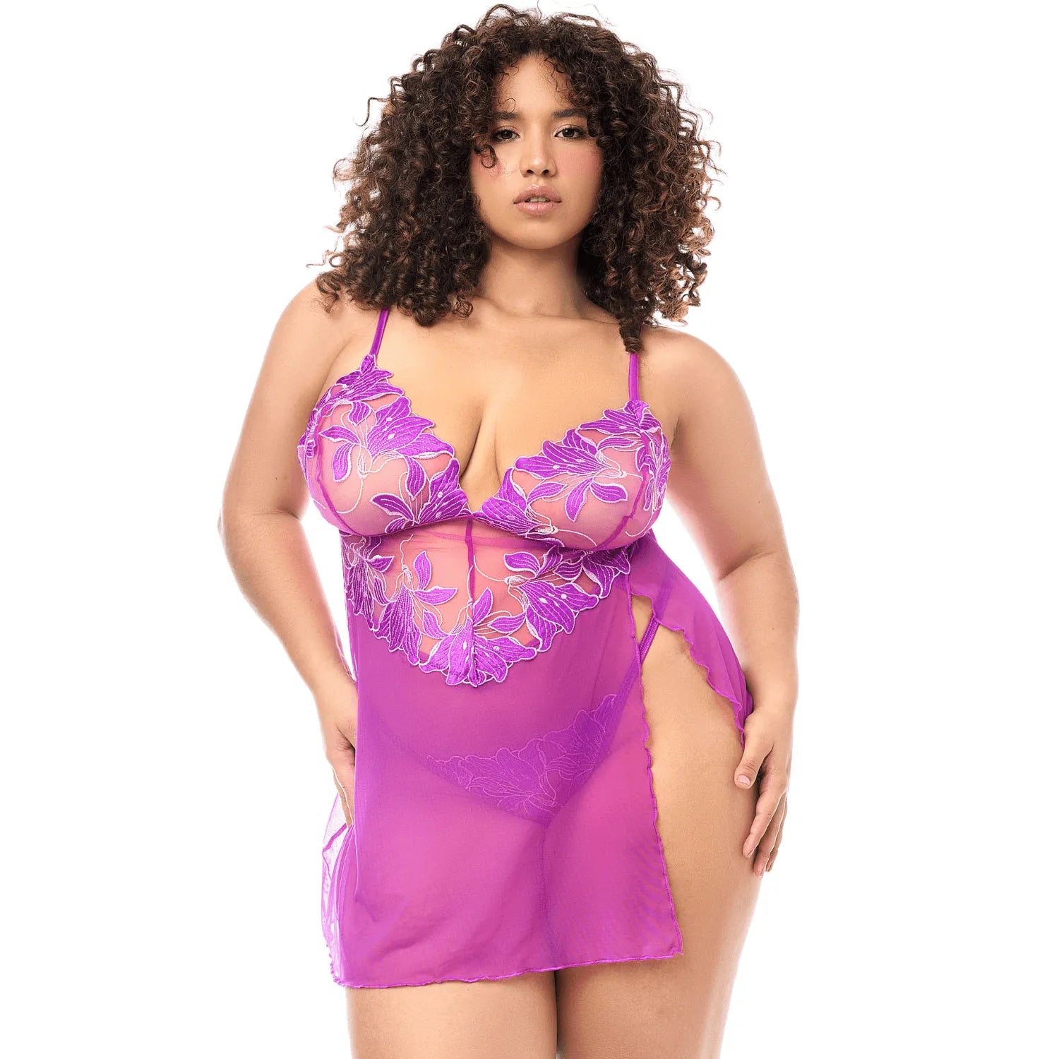Babydoll grande taille sexy en résille transparente avec broderie florale et string Mapalé - MAL7614XAZAL