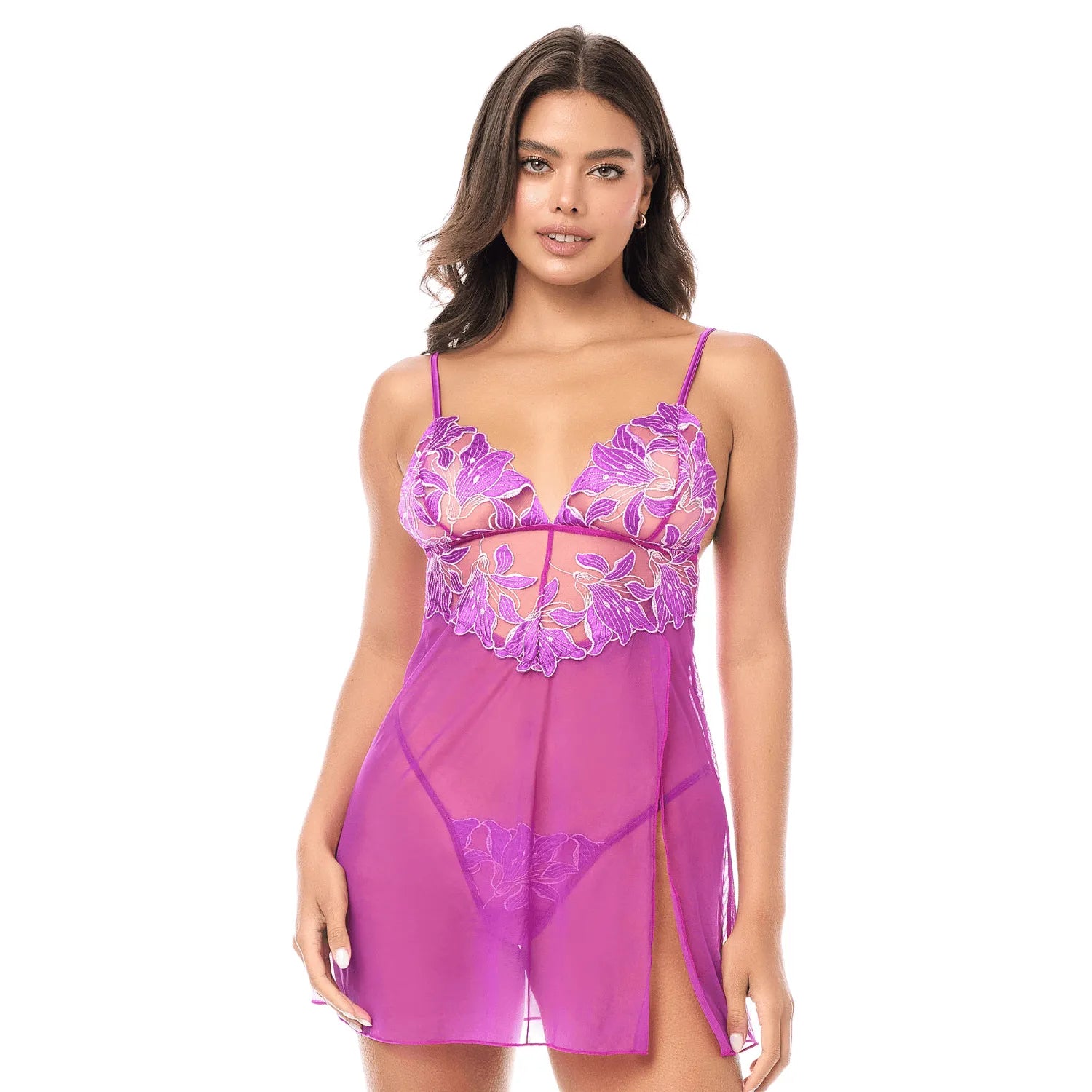 Babydoll sexy en résille transparente avec broderie florale et string Mapalé - MAL7614AZAL