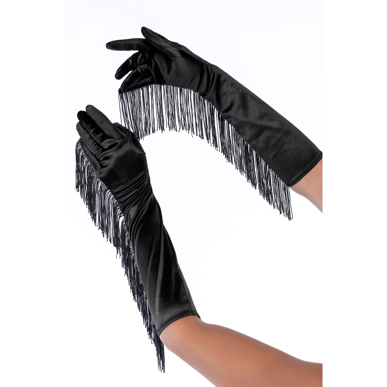 Gants d'opéra satin noir Mapalé avec longues franges, élégants et sensuels, parfaits pour soirées sophistiquées.
